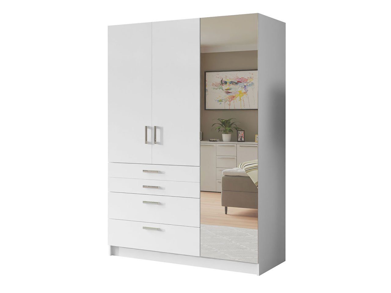 mit Kleiderschrank und 150/200/250 Pekos Mirjan24 cm Frontspiegel Schubladen, (mit Kleiderstange, Lux 4 Drehtüren)