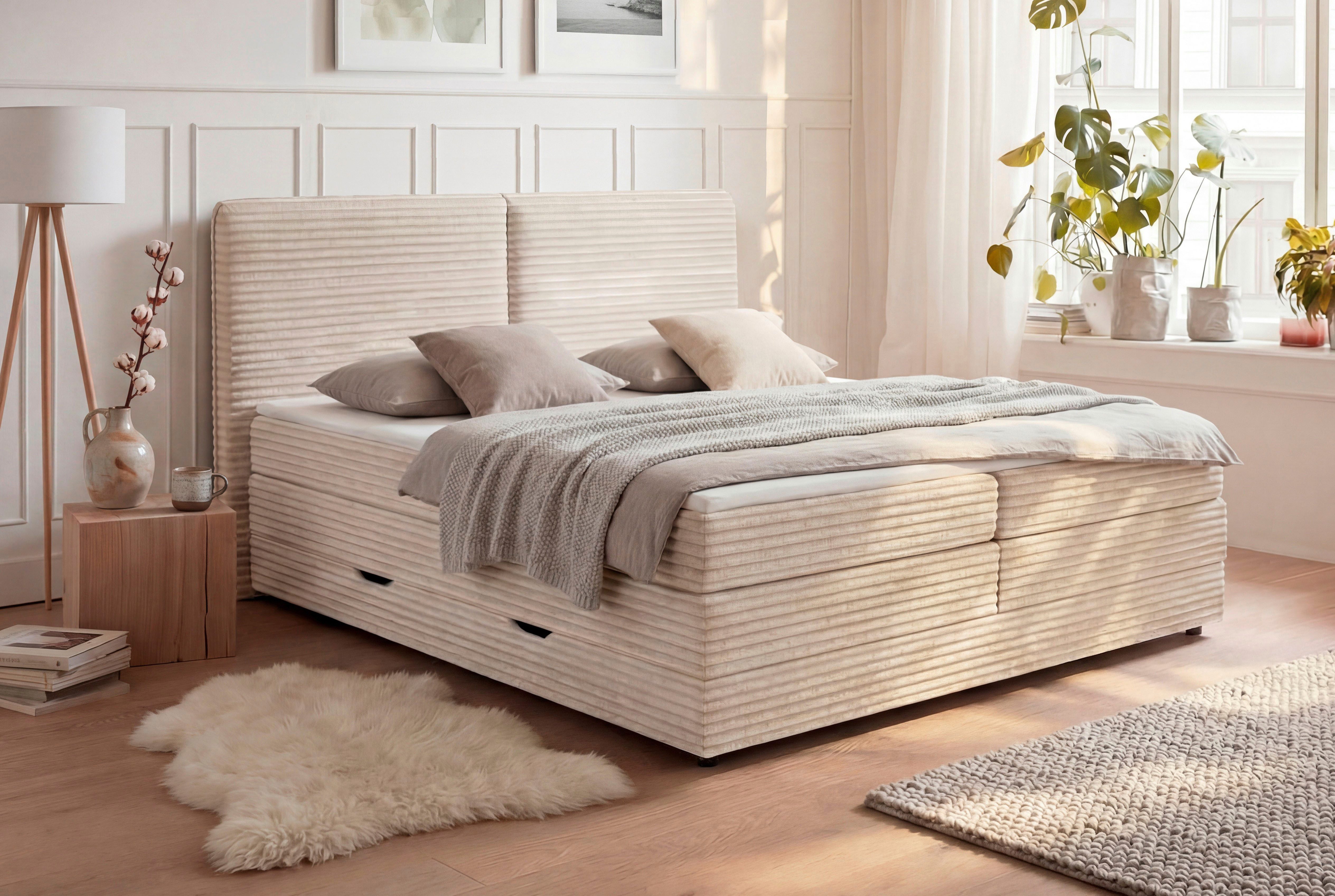 Home affaire Boxbett VÄSTERVIK, Polsterbett mit Bettkasten und Taschenfederkernmatratze H3, mit Topper, kuscheliger Breitcord-Stoff, …