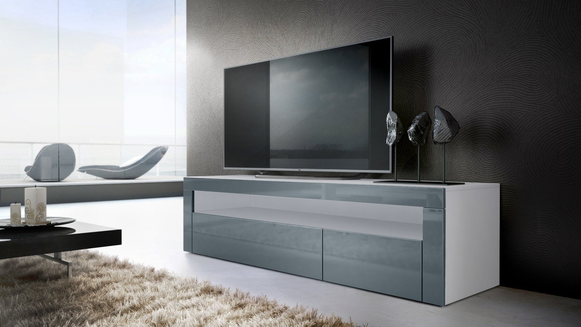 Vladon Wohnwand Berlin, (Wohnzimmer-Set, bestehend aus 1 TV Board und 1 Couchtisch), Weiß matt/Grau Hochglanz