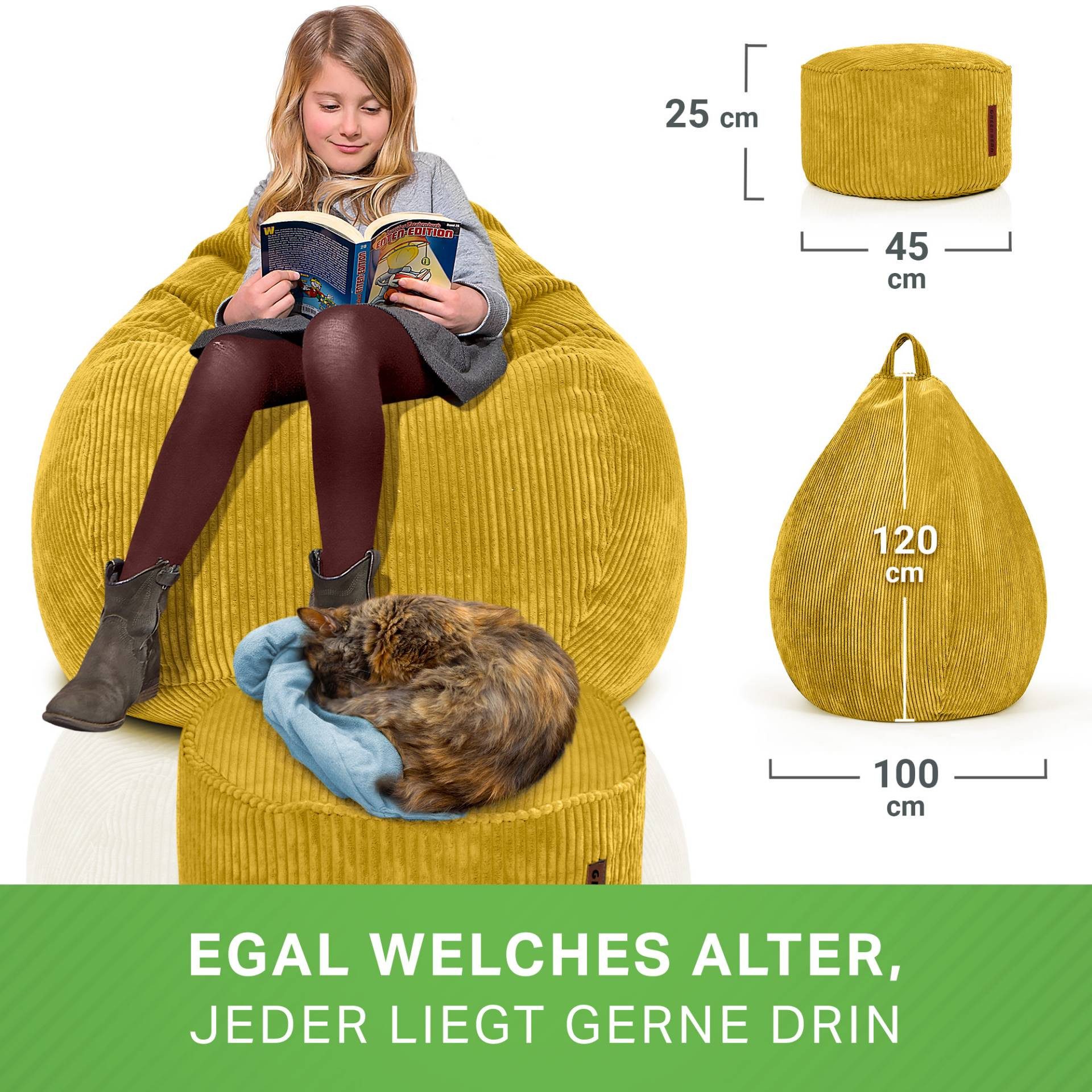 Green Bean Sitzsack XXL Sitzsack Scoop + Hocker aus Cord, Indoor Sitzkissen mit Sitzhocker, Relax Sessel