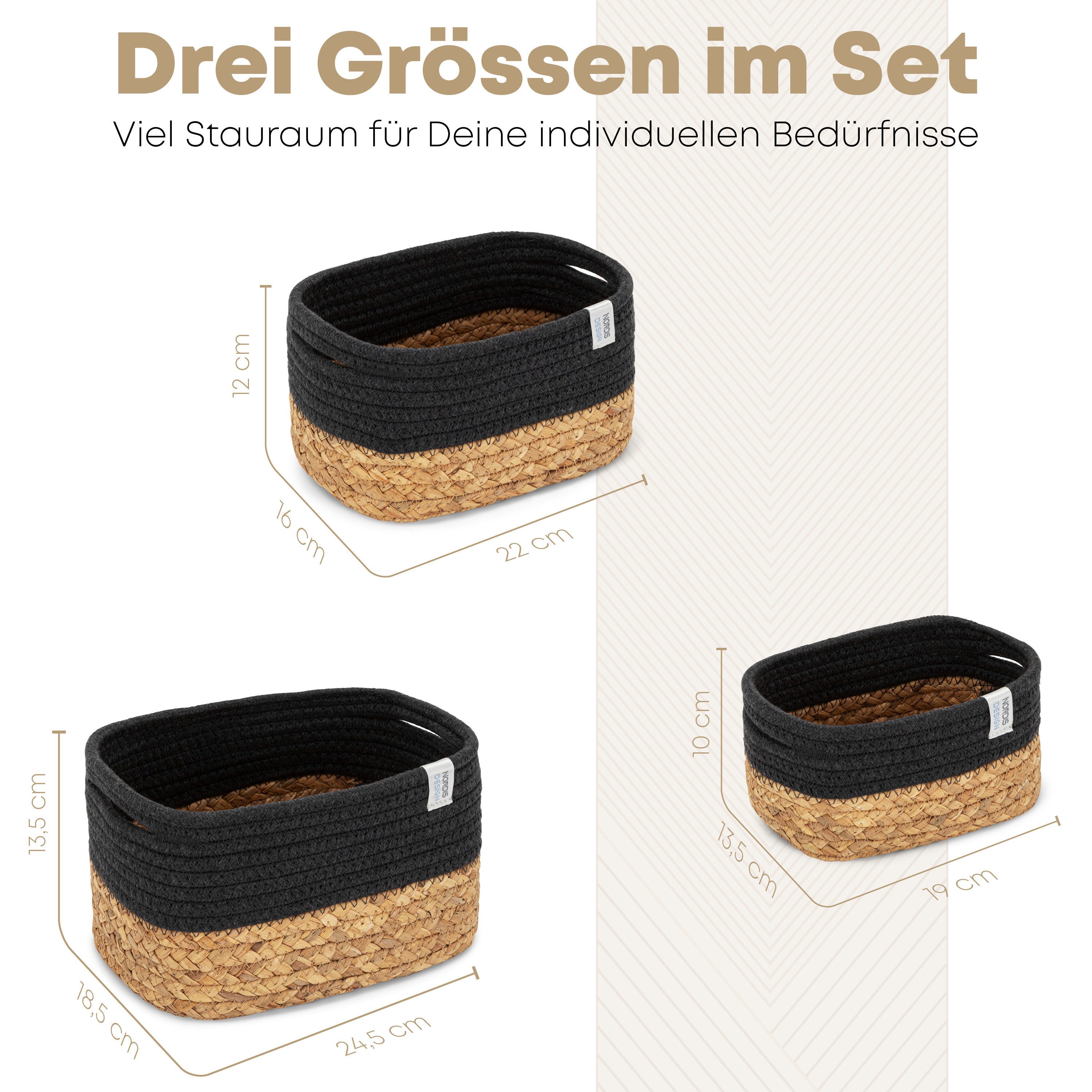 NORDIS DESIGN Aufbewahrungskorb Set "Alea" aus natürlicher Baumwolle und Wasserhyazinthe, (3er-Set), Dekokorb geflochten für Bad, Kinderzimmer und Schlafzimmer