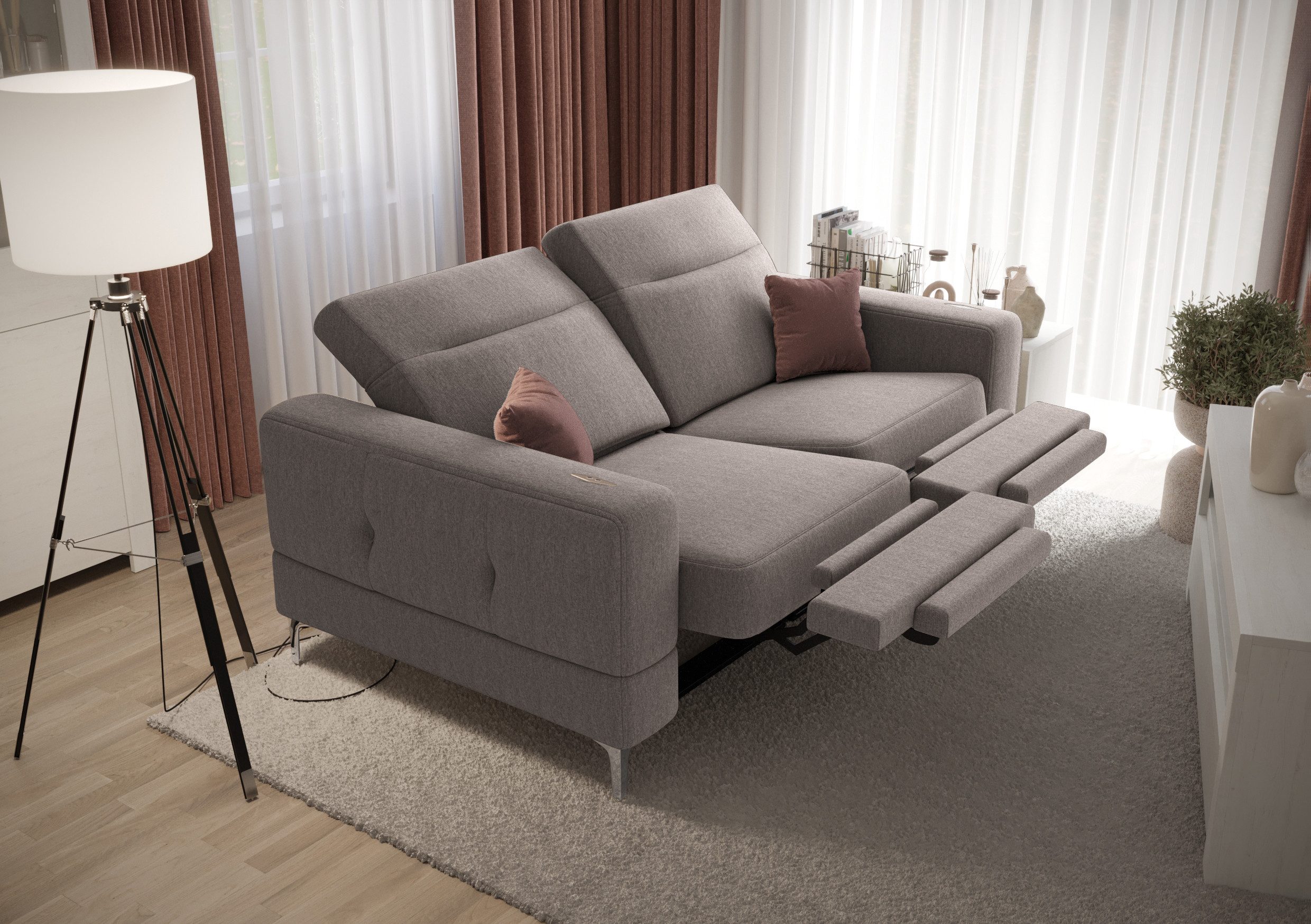 Friderik-EU 2-Sitzer mit elektrischer Relaxfunktion, Malibu Relax II, 180 cm, Gemma Stoff, – verstellbaren Kopfstützen – stilvolle Metallfüße