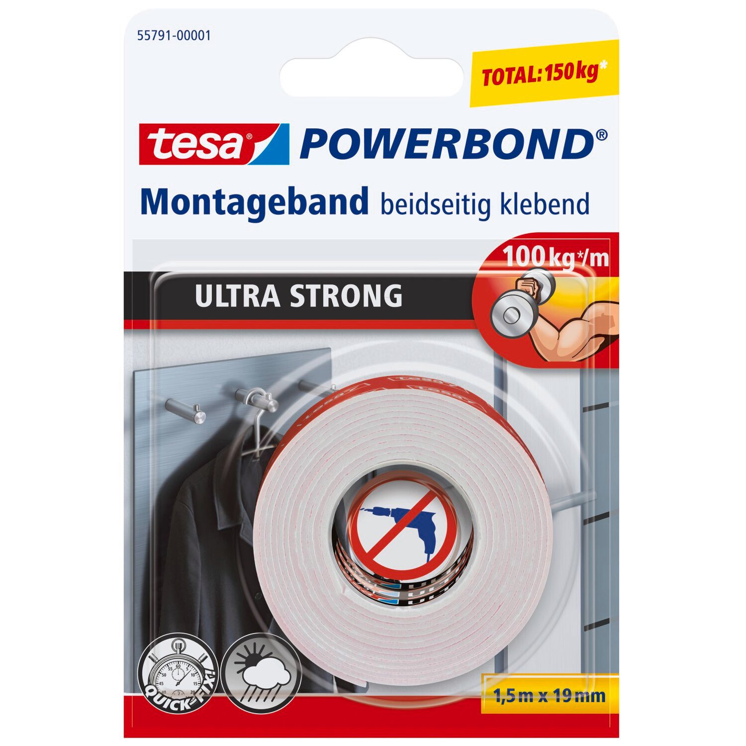 tesa Doppelklebeband POWERBOND Ultra Strong Doppelseitiges Klebeband (Packung, 1-St) extra stark klebend - 1,5 m : 19 mm