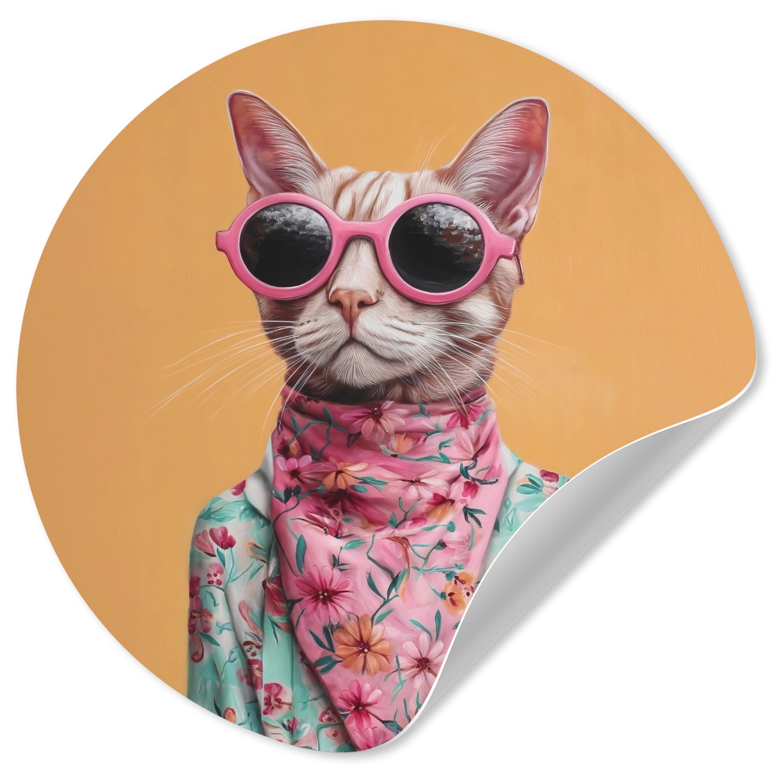 MuchoWow Wandsticker Sonnenbrille - Katze - Halstuch - Blumen (1 St), Runde Aufkleber für Kinderzimmer, Selbstklebend, 120x120 cm