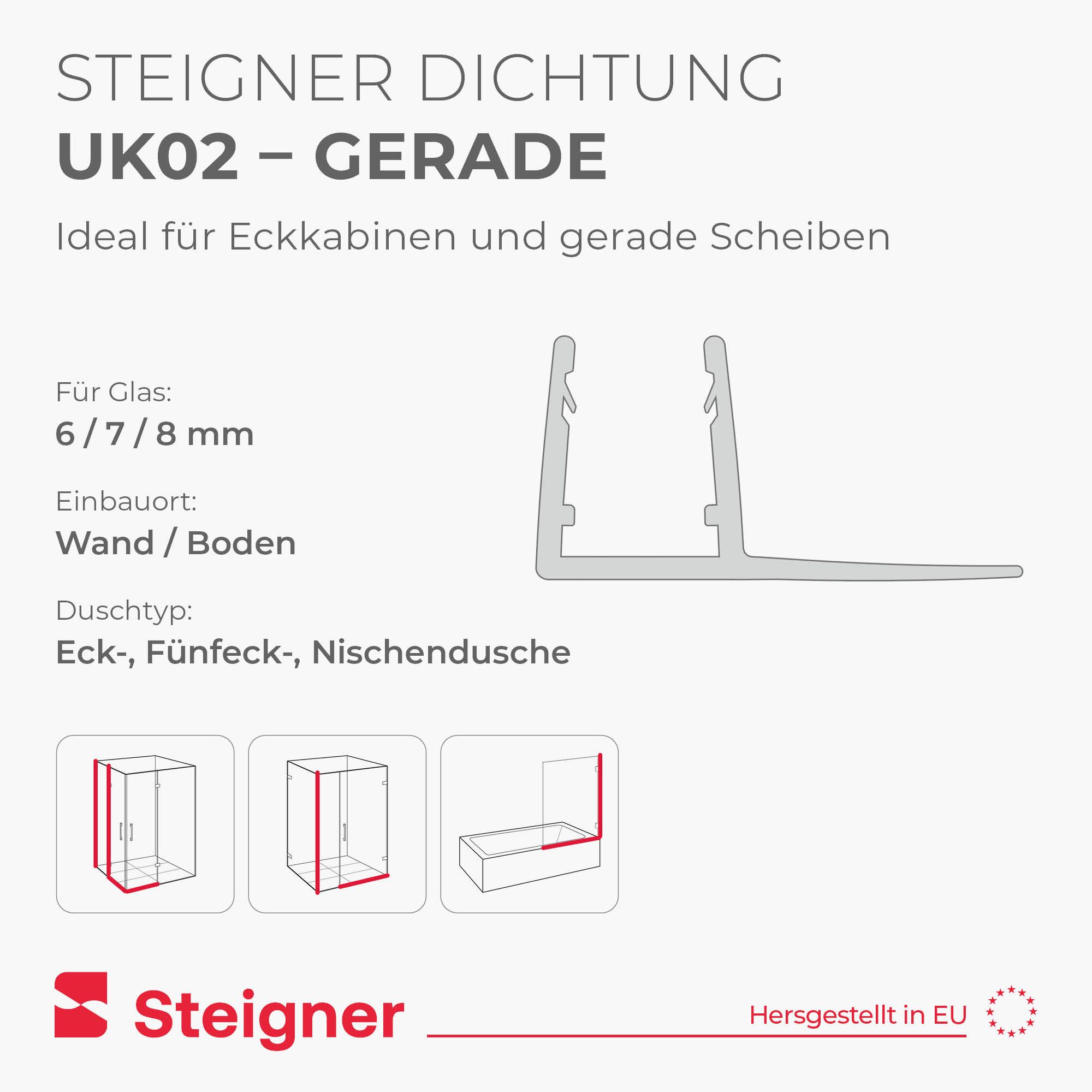 STEIGNER Duschdichtung Duschtürdichtung gerade UK02 30 cm (1 Stk) Transparent 6-8 mm, L: 30 cm, (1 Stück Packung, Einzeldichtung), Dichtung gerade für Eckeinsti – Bild 2 von 5
