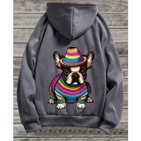 RMK Hoodie Damen Pullover Basic Pulli Kapuzenpullover Seitentaschen Hund Mexico Französische Bulldogge Print