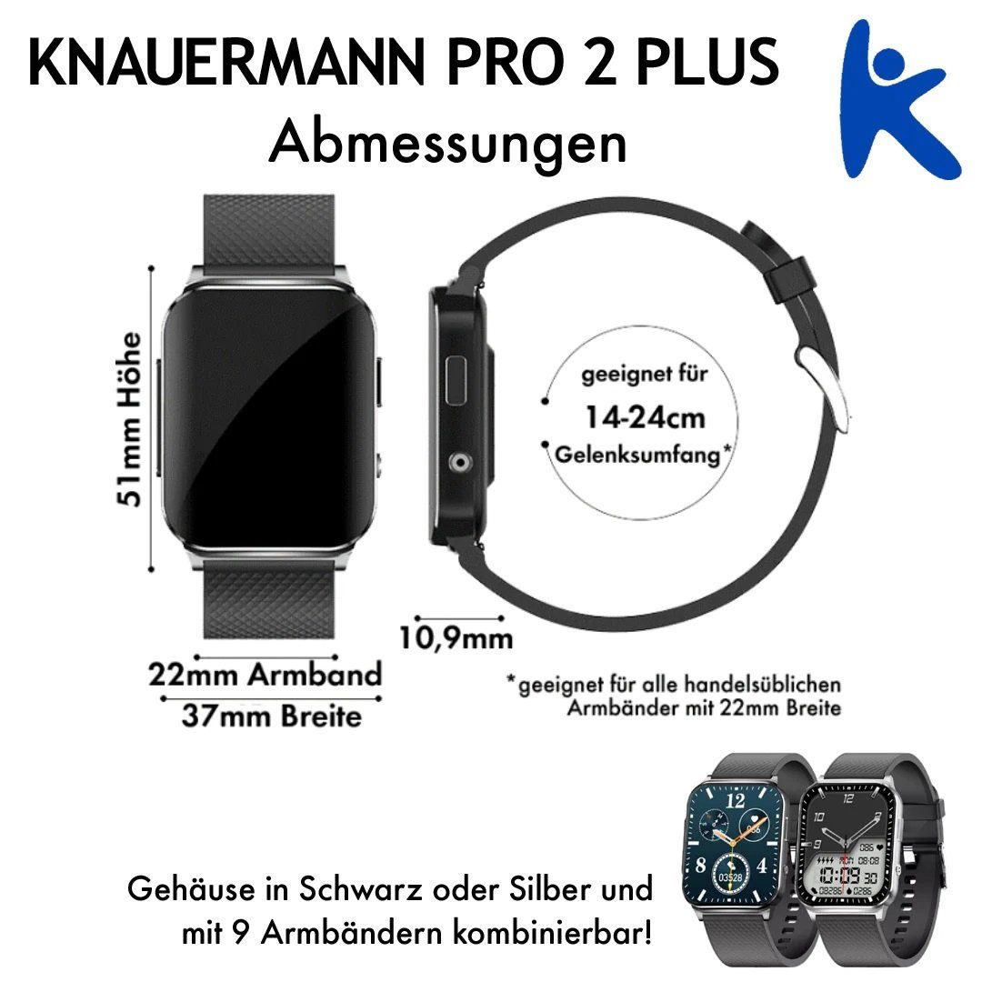 Lederfaserarmband | Schwarz Smartwatch Schwarz-Lederfaserarmband Plus Knauermann (2023) inkl. (1,83 schwarz Zoll), Schnell-Ladekabel 2 Pro