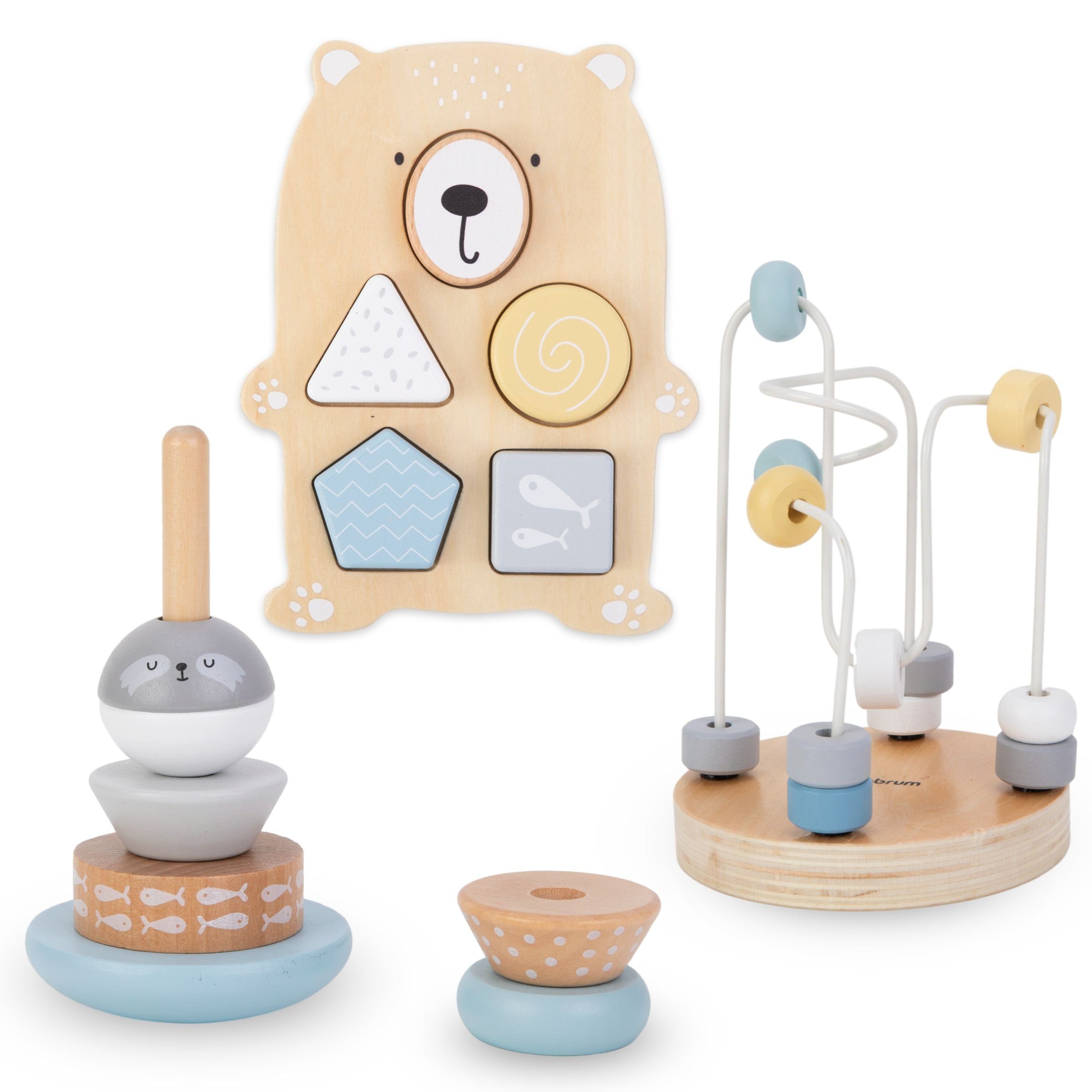 Spielcenter Holzspielzeug-Set mit Motorikschleife, Formensortierer und Stapelspiel