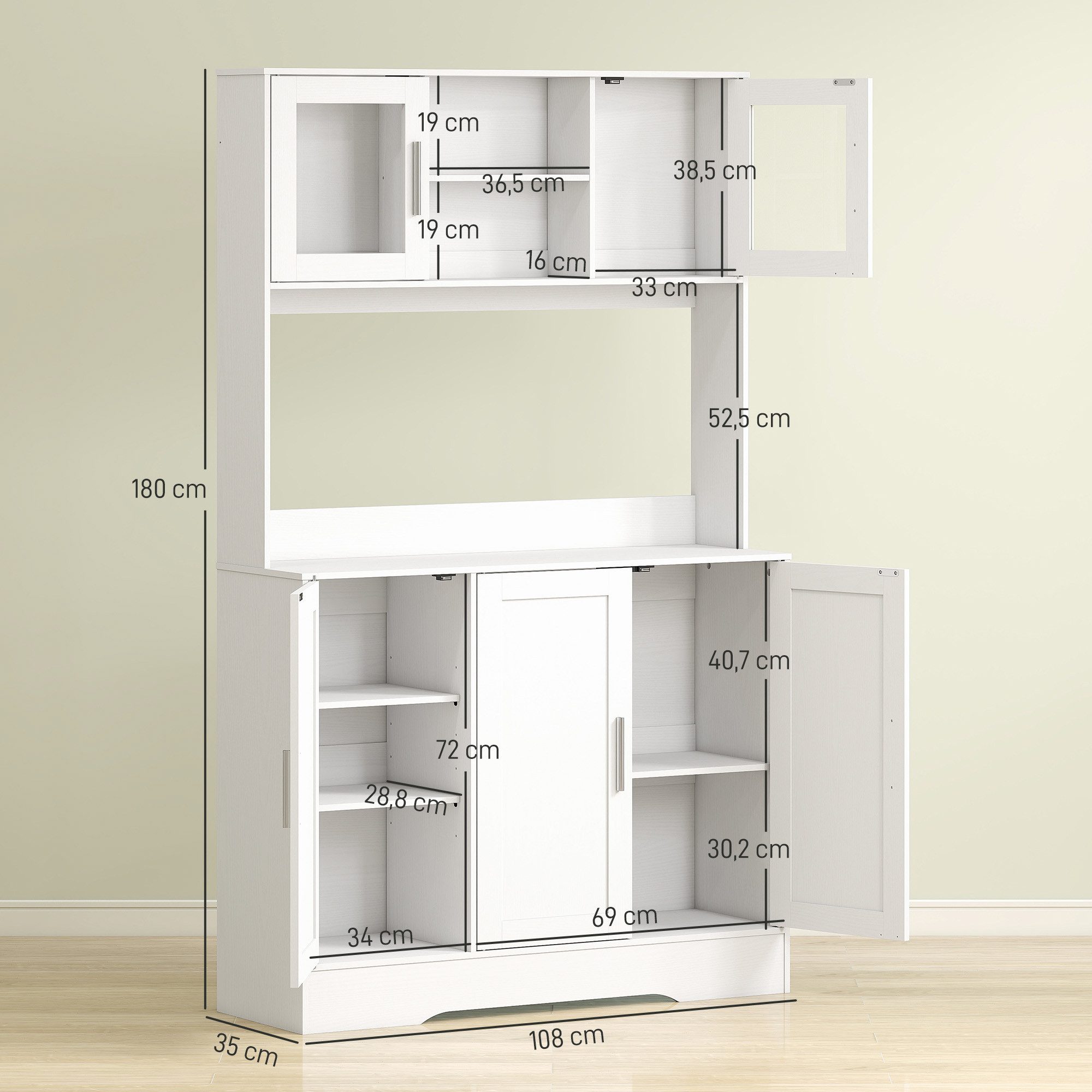 HOMCOM Küchenbuffet Hochschrank mit Arbeitsplatte, Verstellbaren Einlegeböden, 5 Türen (Aufbewahrungsschrank, 1-St., Küchenschrank) Skandinavisches Design, Weiß