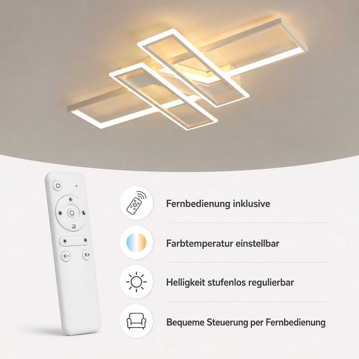 OYLCDI Deckenleuchten LED Deckenlampe 6 Rahmen,Dimmbar mit Fernbedienung für Wohnzimmer, LED fest integriert, 94W 3000-6500k, Modern Runde Wohnzimmer Schlafzimmer Arbeitszimmer Esszimmer Dekoration Lampen, Wohnzimmer-Leuchte