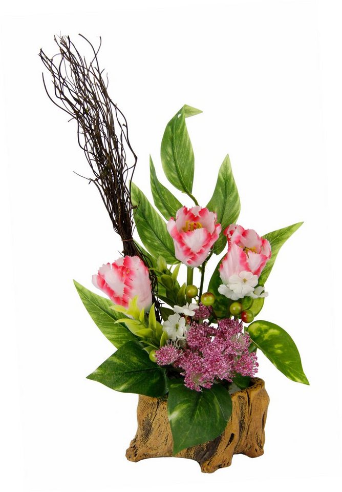 Kunstblume Gesteck aus Tulpen, I.GE.A., Höhe 33 cm, Mit Beiwerk im Topf in  Holzoptik Unechte Tulpe Osterdeko Frühjahr