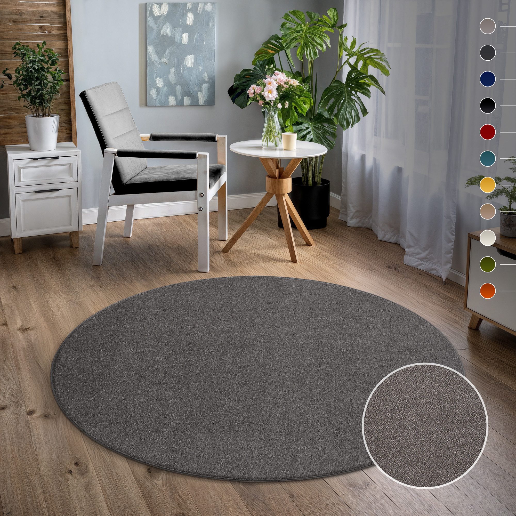 Sanat Teppich Uni, rund, Höhe: 13 mm, robuster Kurzflorteppich, große Farbauswahl, Wohnzimmer, alle Räume