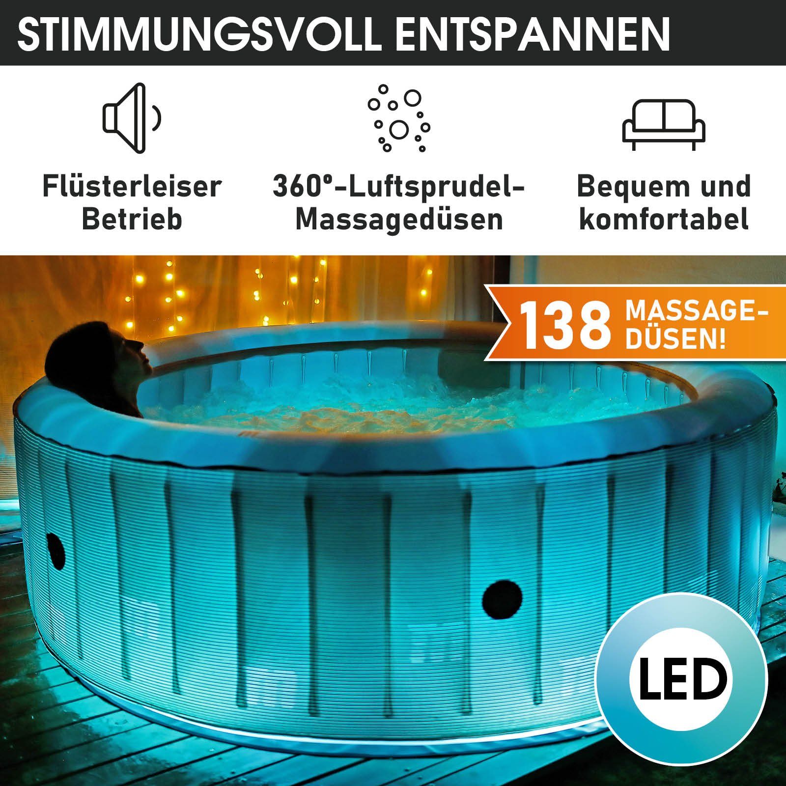 BRAST Whirlpool aufblasbar MSpa Starry COMFORT C-ST062 für 6 Personen Ø204x70cm, (mit LED-Beleuchtung, In- Outdoor Pool 138 Massagedüsen Energiespar-Timer Heizung), Aufblasfunktion per Knopfdruck Bubble Wellness Massage