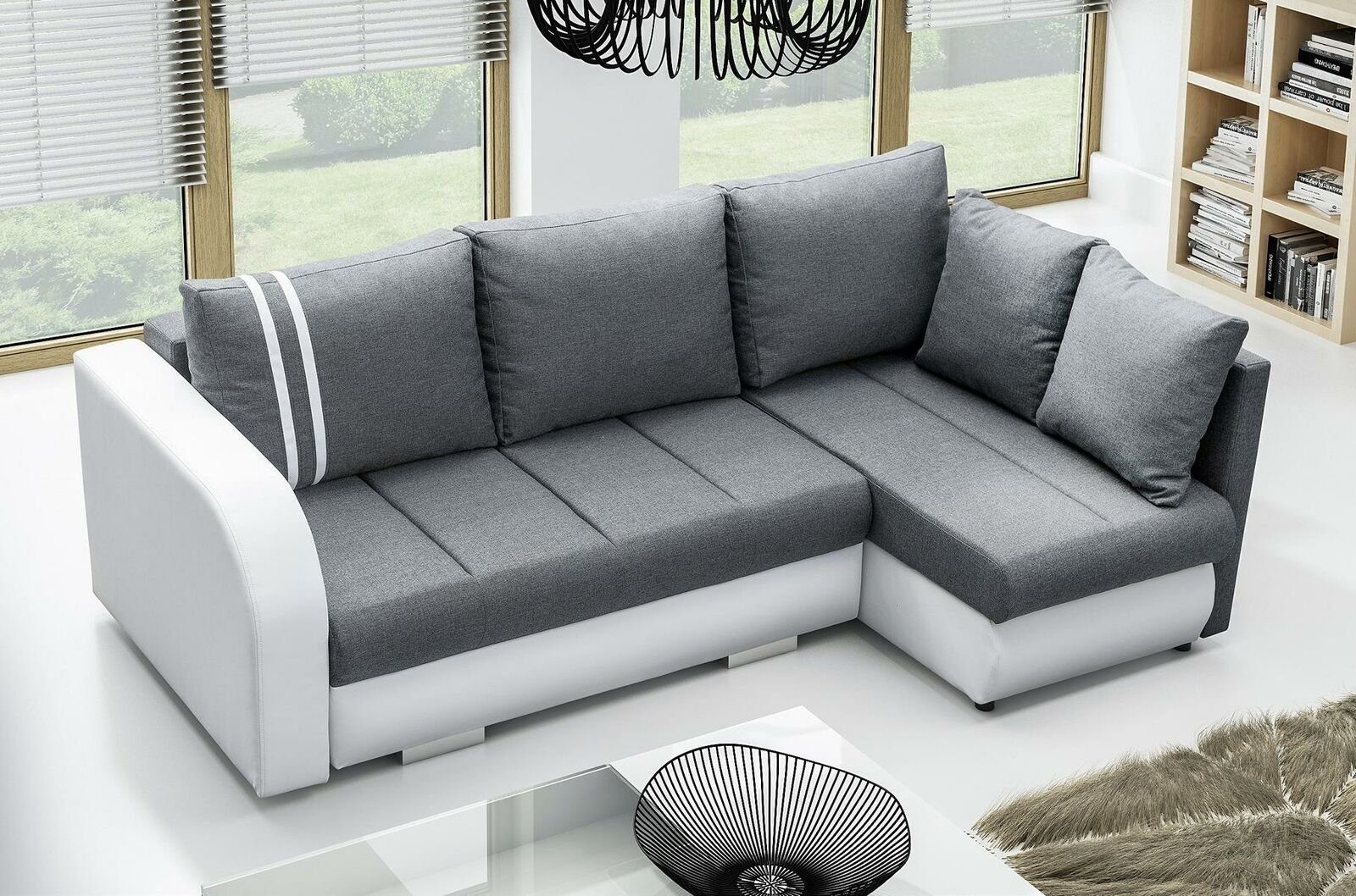 JVmoebel Ecksofa, Sofa Schlafsofa Designer Sofa mit Bettfunktion + Bettkasten Ecksofa Grau/Weiß