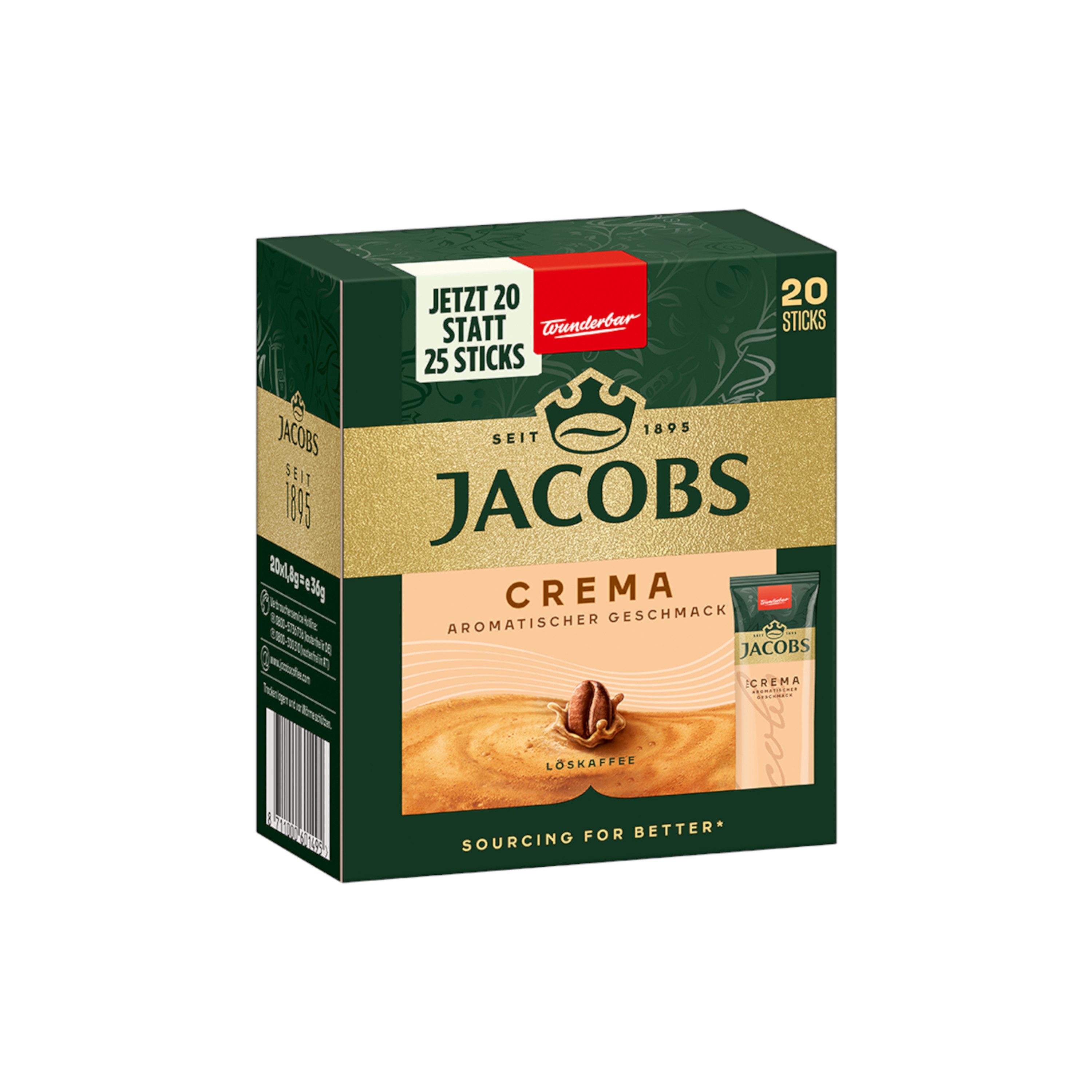 JACOBS Kaffee Löskaffee Typ Cafe Crema 12 x 20 Getränke Sticks, (Packung, 12er Pack)
