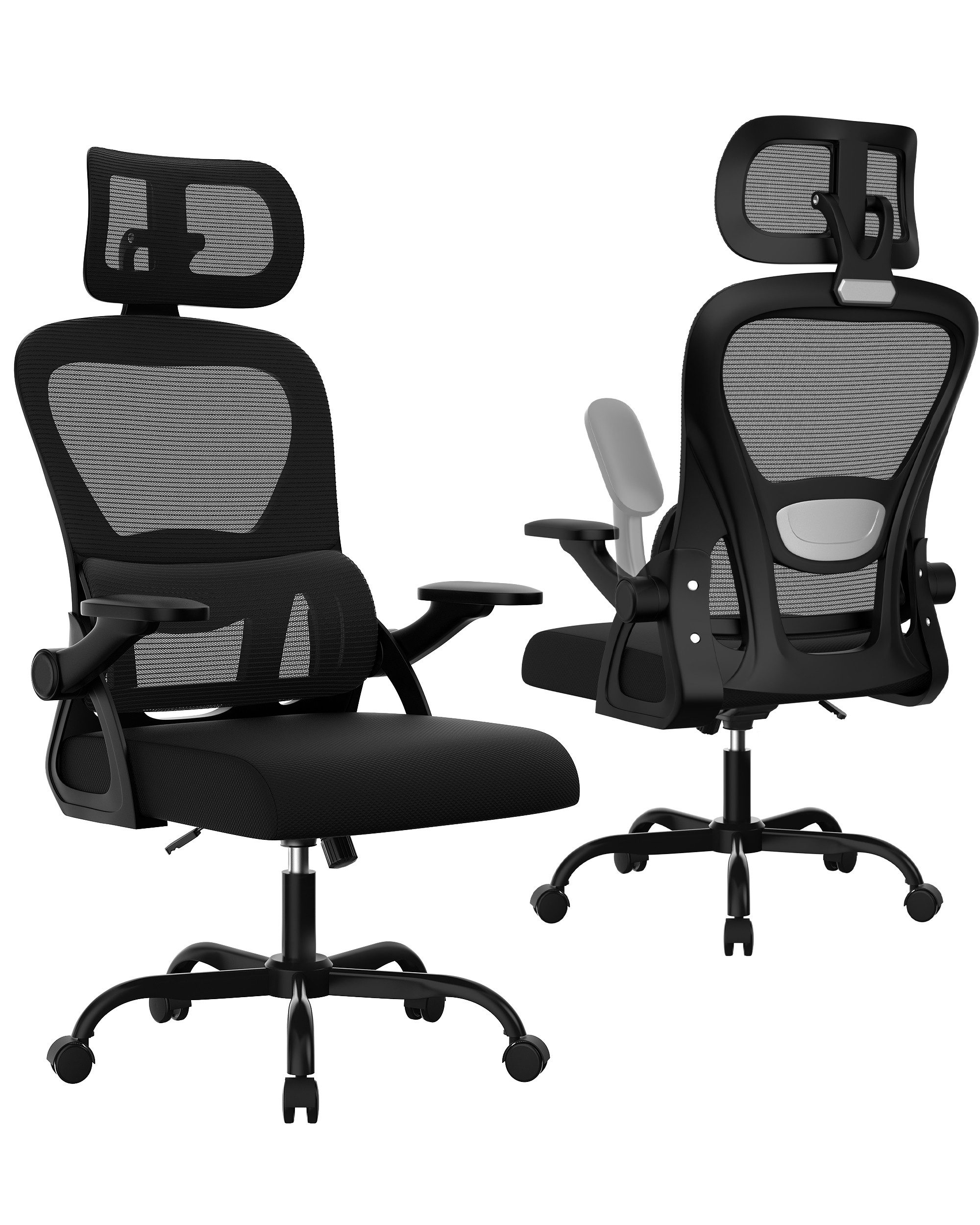 ZAISZE Bürostuhl Ergonomischer Bürostuhl mit Kopfstütze & verstellbaren Armlehnen (atmungsaktiver Mesh-Bezug, Rücken- und Taillenstütze, Neigung fixierbar bei 90° (maximal kippbar bis 120), C-förmige Lordosenstütze, Drehstuhl, Bürostühle Wippfunktion