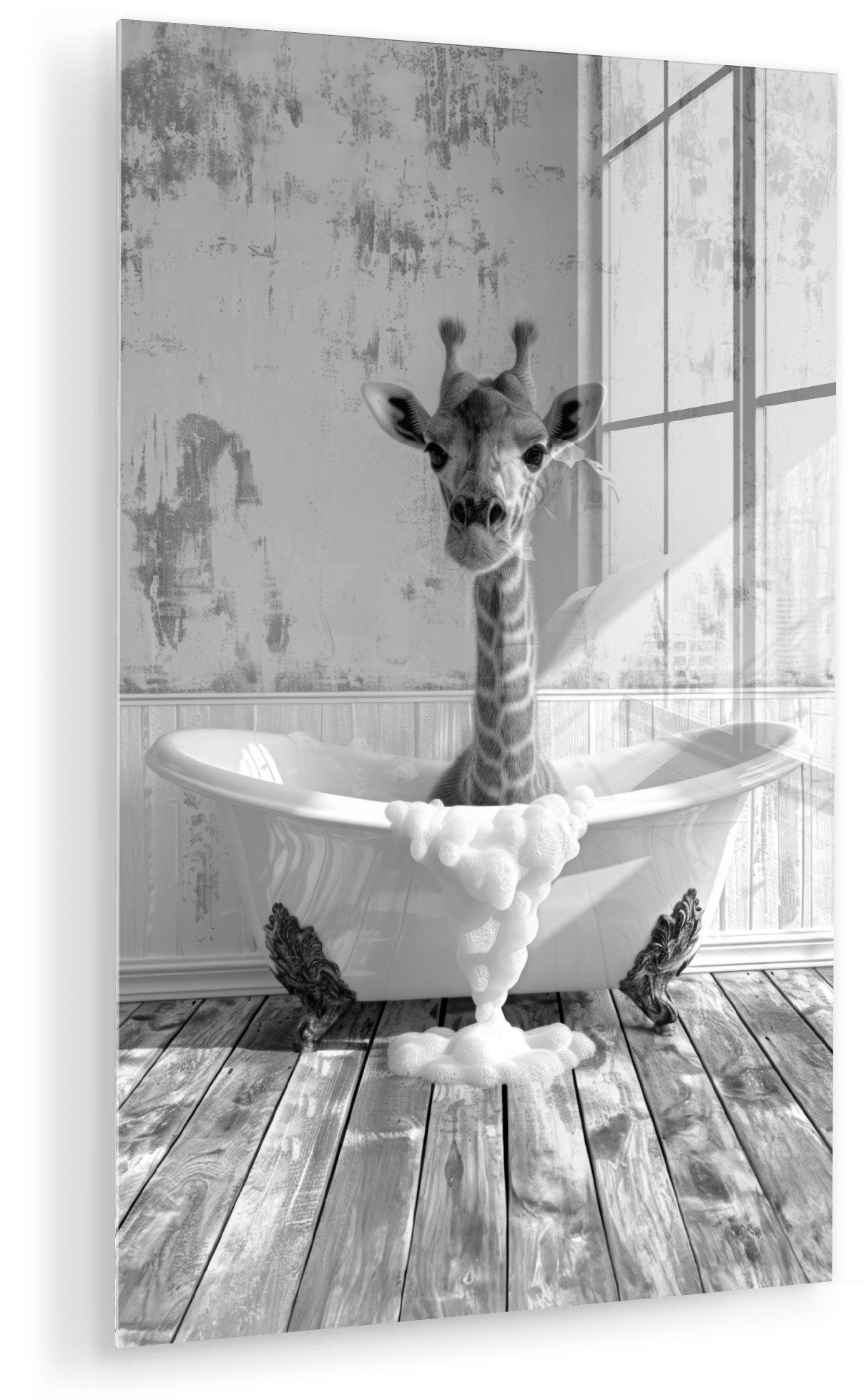 MuchoWow Acrylglasbild Giraffe - Tier - Badewanne - Vintage - Schwarz - Weiß, Inkl. Aufhängung, Acrylglasbilder Badezimmer, Toilette Bilder auf Glas, 20x30 cm