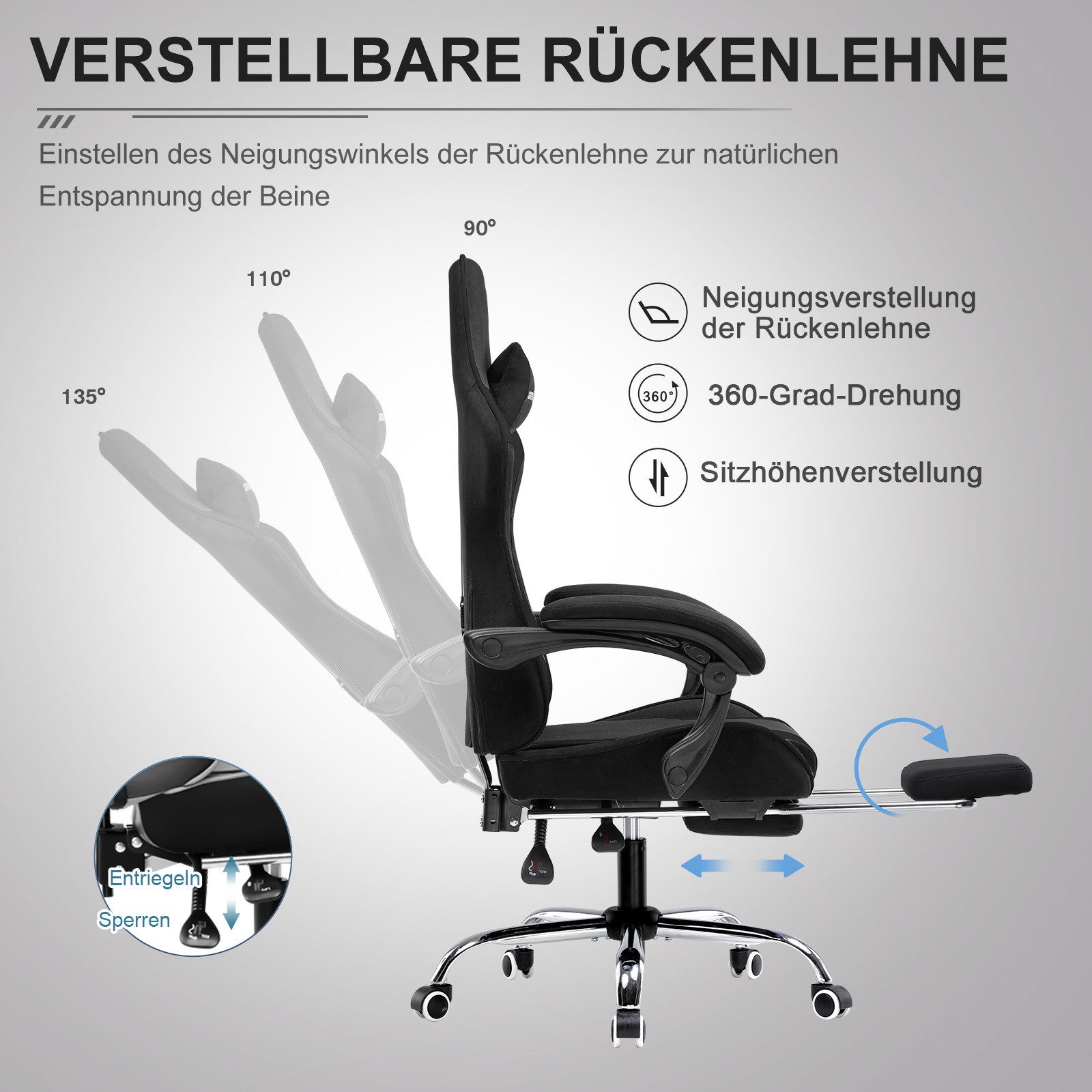 GTPLAYER Gaming-Stuhl Bürostuhl mit Massagefunktion, Fußstütze, Kopfstütze (Packung), Ergonomischer Gamer Stuhl Maximale Belastung 150 kg, 360° drehbar – Bild 4 von 5