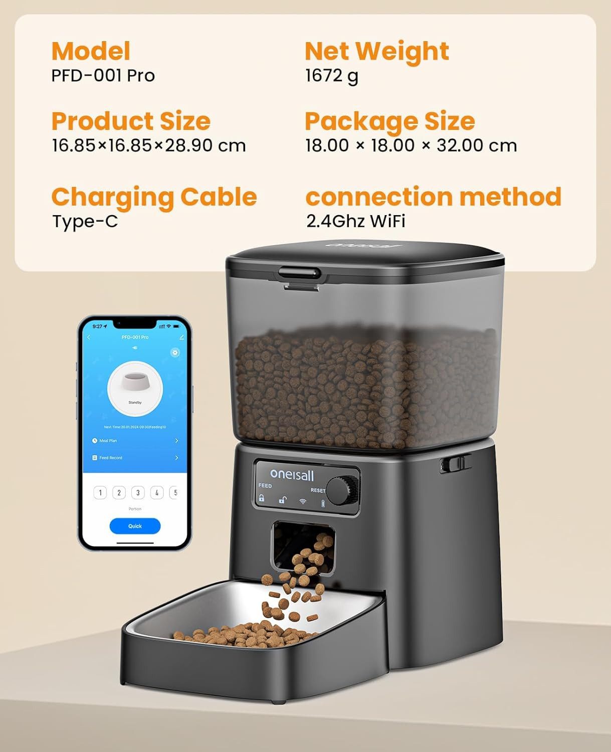 Purpurra Katzen-Futterautomat Oneisall Kabellos mit 100-Tage-Betriebszeit APP-Steuerung, 3L /5L