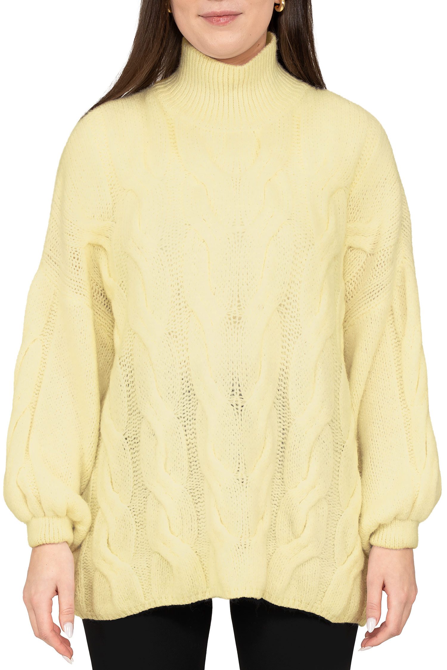 Reichstadt Strickpullover Damen Relaxed Fit Strickoberteil 25RSW091 (1-tlg) Auffällige Zopfstruktur und voluminöse Ballonärmel