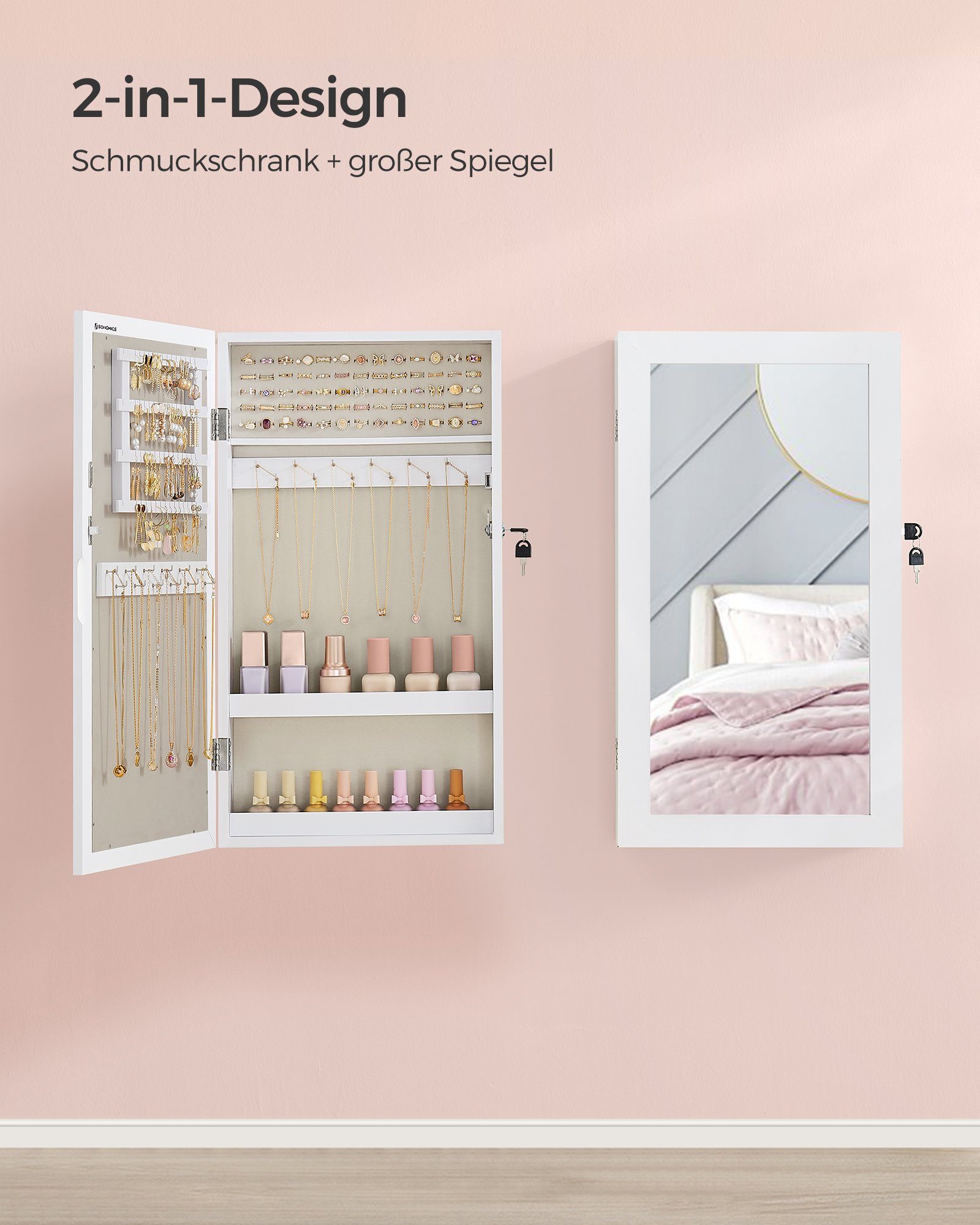 SONGMICS Schmuckschrank Spiegelschrank abschließbarer Wandschrank, platzsparender Schmuckorganizer