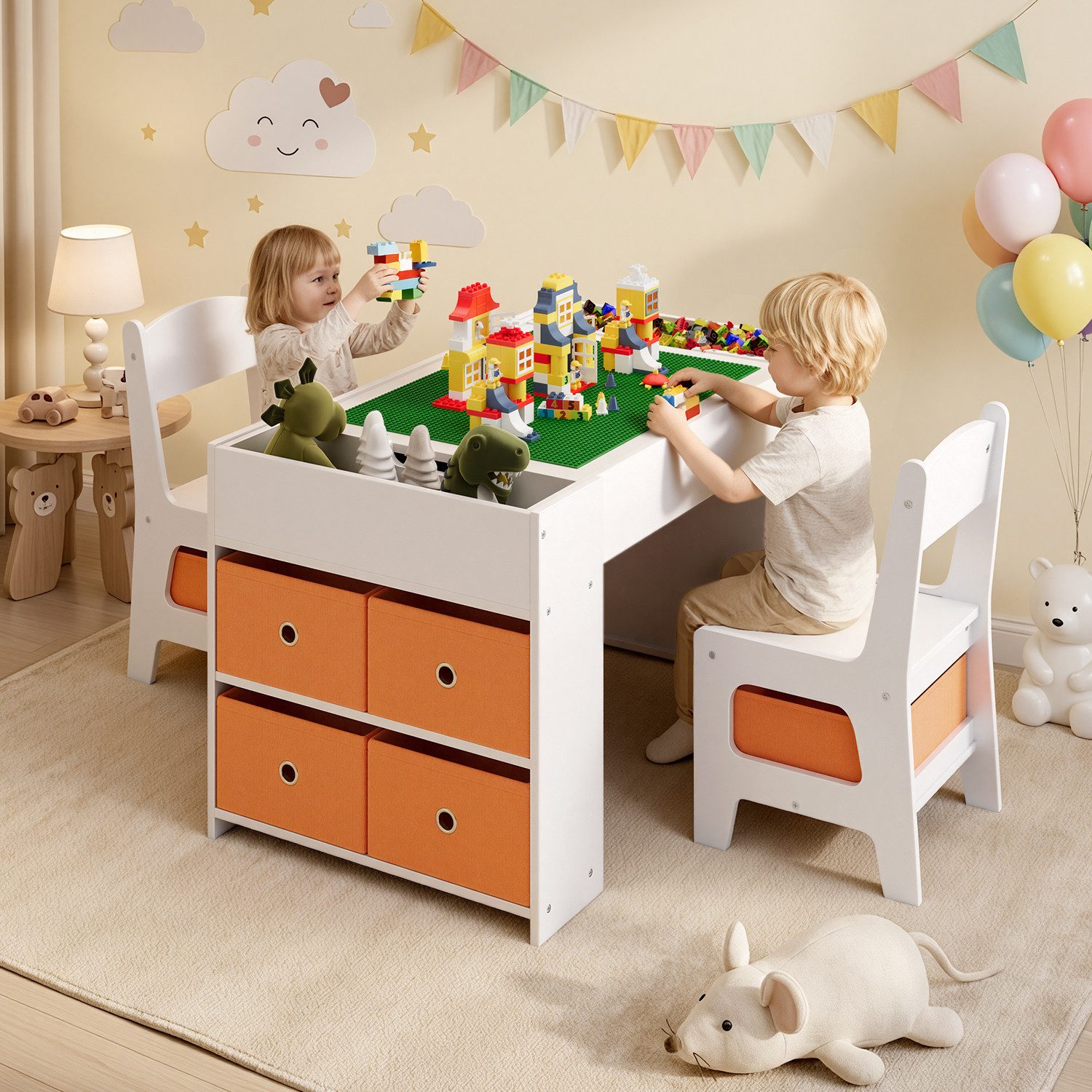 Bealife Kindersitzgruppe Kindertisch mit 2 Stühlen, 3-in-1 Aktivitätstischplatte für Bausteine, (3-tlg., Kindertisch mit 2 Stühlen)