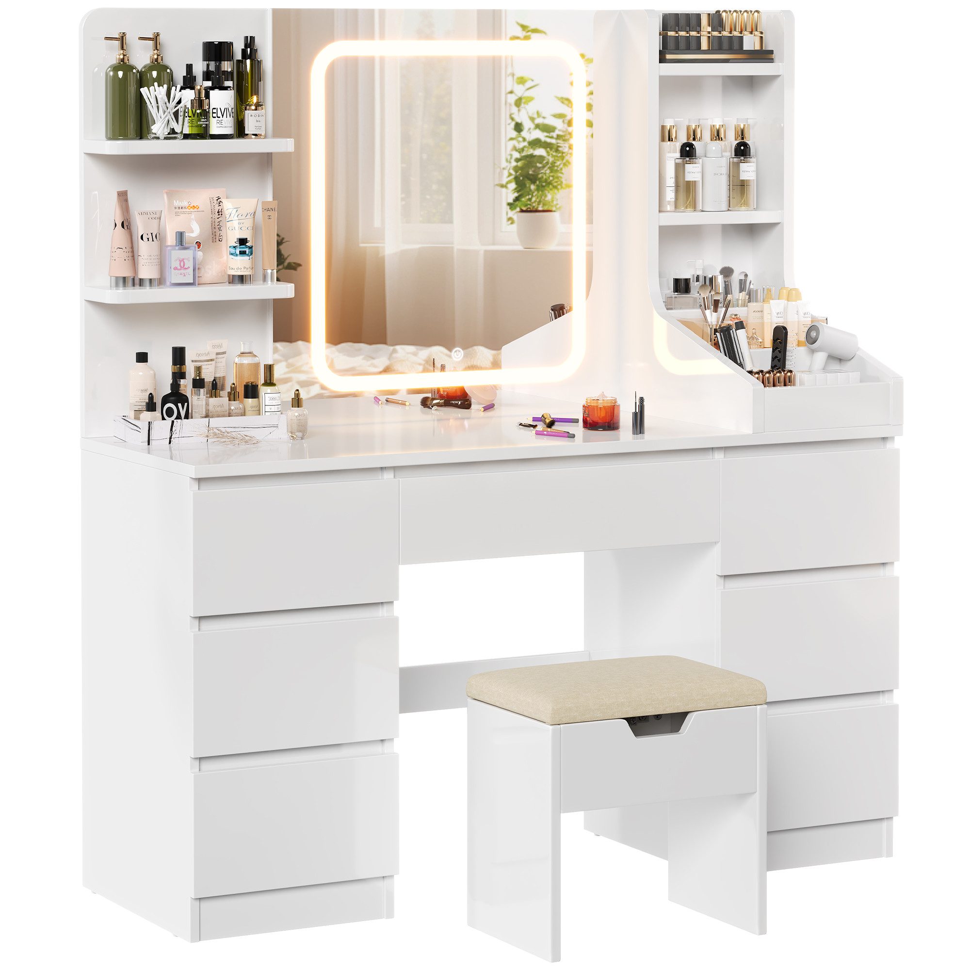 HOMALL Schminktisch LED-Spiegel, 7 Schubladen, 110 cm breit, Aufbewahrungshocker optional (Schminktisch mit dimmbarem LED-Spiegel (3 Farben), 7 Schubladen + 8 Fächer, 110×40×139 cm – 5 Farben (Schwarz/Rosa/Vintage/Weiß/Weiß Hochglanz), Hocker opt., E1-Pla