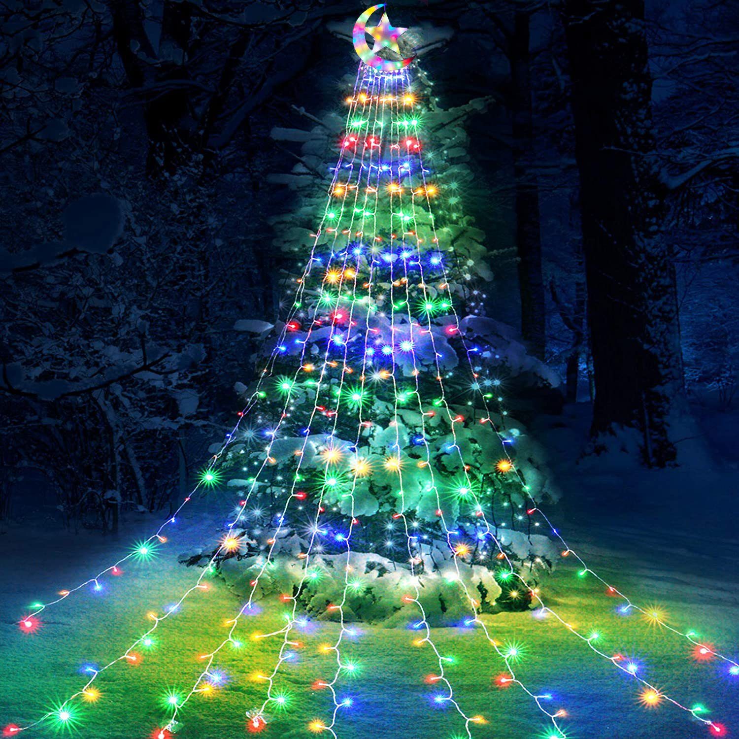 Sunicol LED-Lichterkette Wasserfall LED Weihnachtsbaum Lichterkette, Topper Star, 350-flammig, 8 Modi, Timer Mehrfarbig