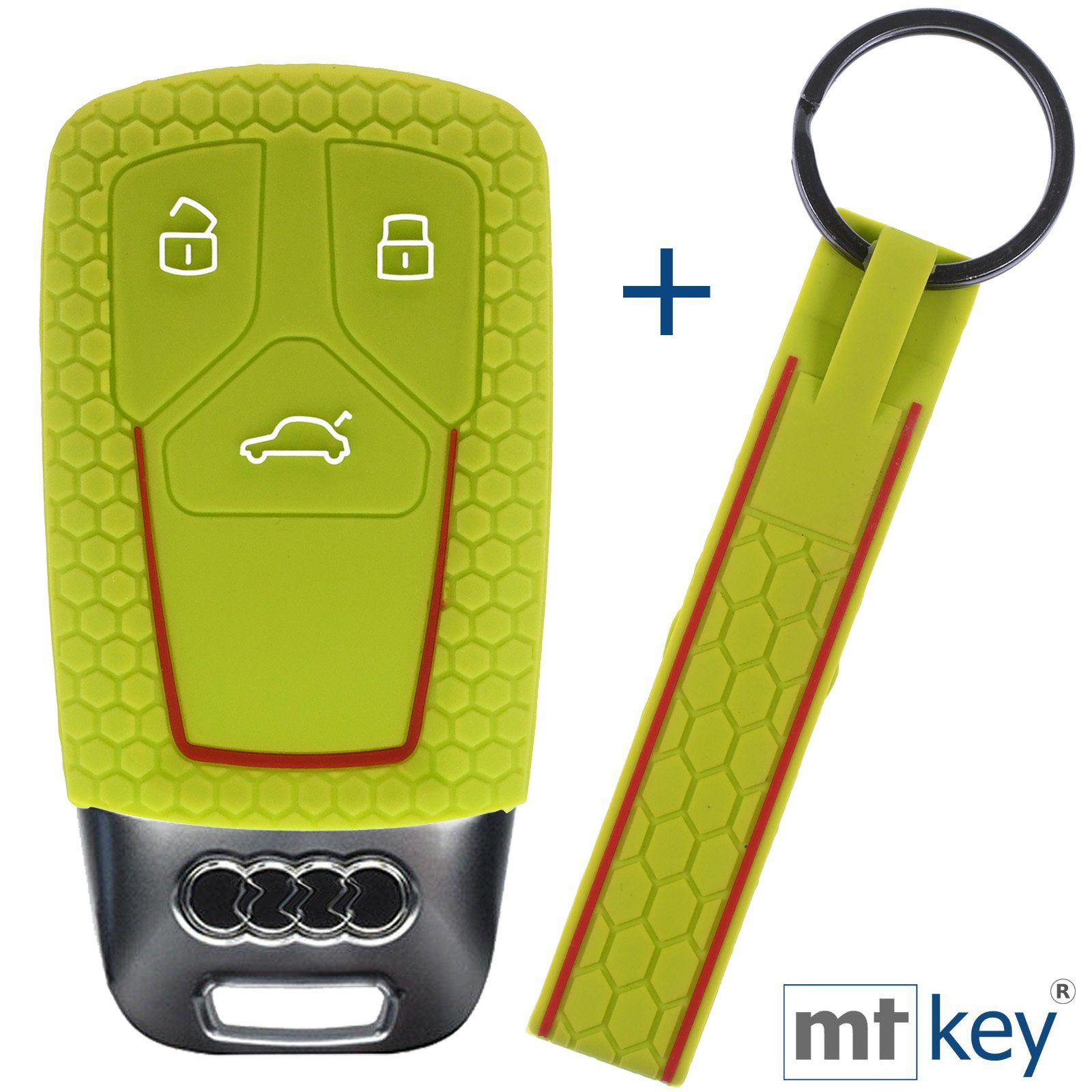 mt-key Schlüsseltasche Autoschlüssel Silikon Schutzhülle im Wabe Design Apfelgrün + Keytag, für Audi A4 A5 A6 A7 TT Q2 Q5 Q7 A8 Q8 3 Tasten KEYLESS SMARTKEY