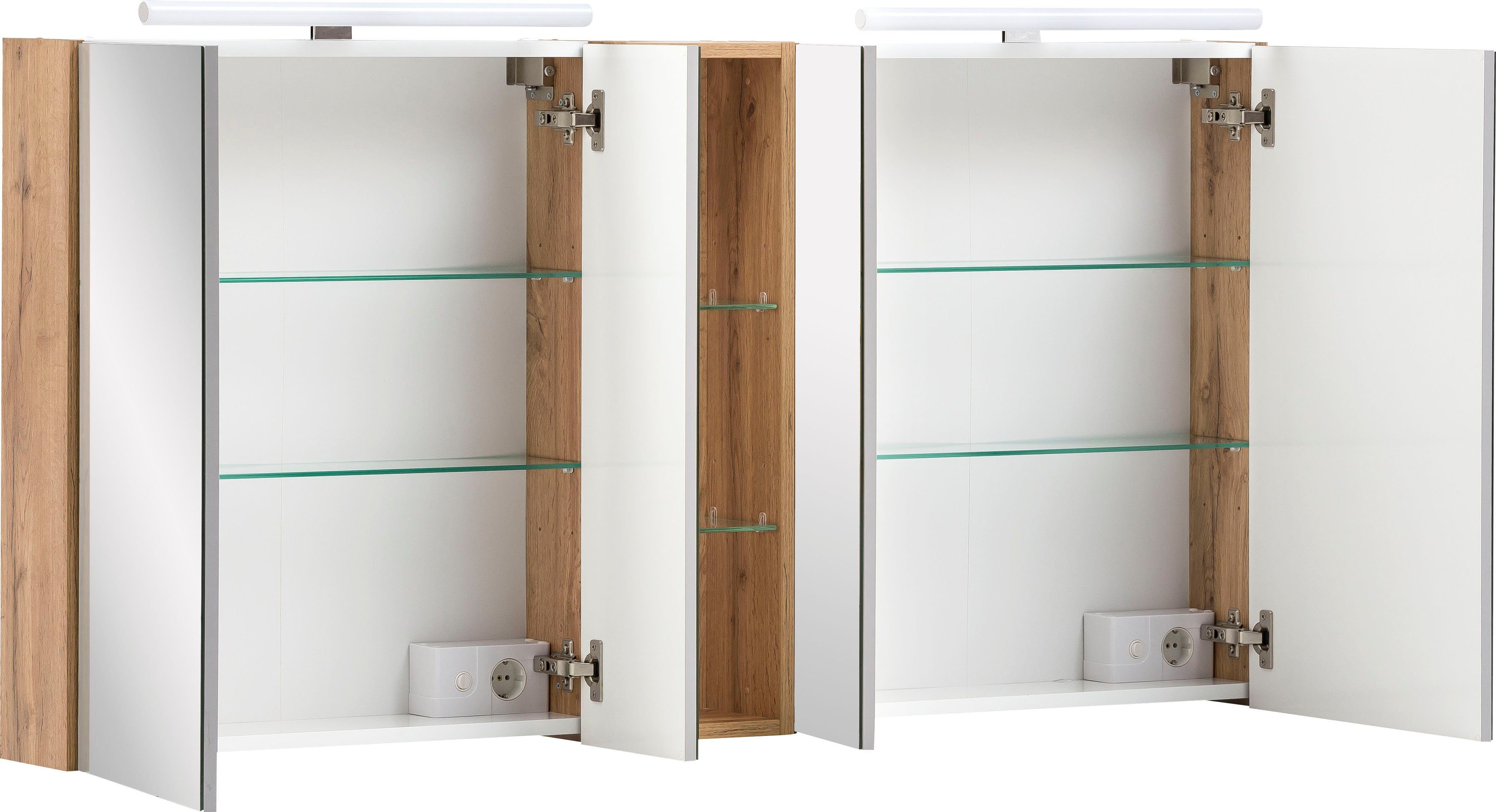 Schildmeyer Spiegelschrank Duo made in Germany (1-St) Breite 141,6 cm, 4-türig, 2x LED-Beleuchtung, Schalter-/Steckdosenbox
