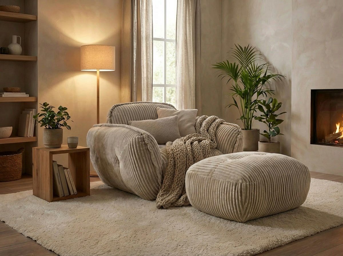 TRENDMANUFAKTUR Hocker Be Fluffy: Weicher Breitcord Bezugsstoff, perfekte Ergänzung zur Serie, Polsterhocker mit softem Sitzkomfort, moderner breiter Kedernaht – Bild 2 von 5