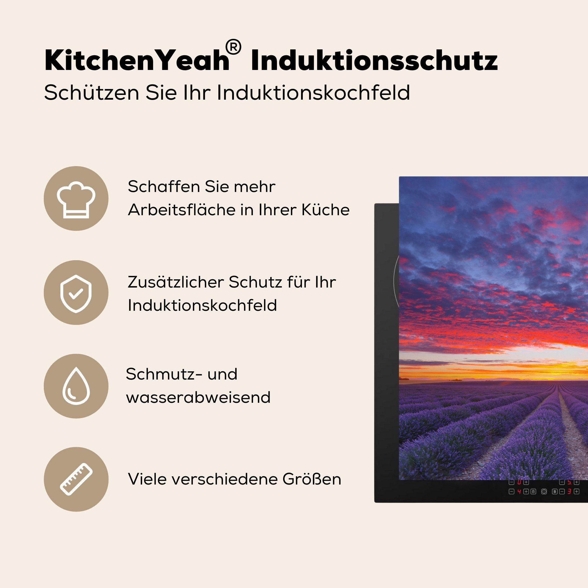MuchoWow Herdblende-/Abdeckplatte Lavendelfeld bei Vinyl, Sonnenuntergang, Ceranfeldabdeckung, küche 78x78 tlg), cm, (1 Arbeitsplatte für