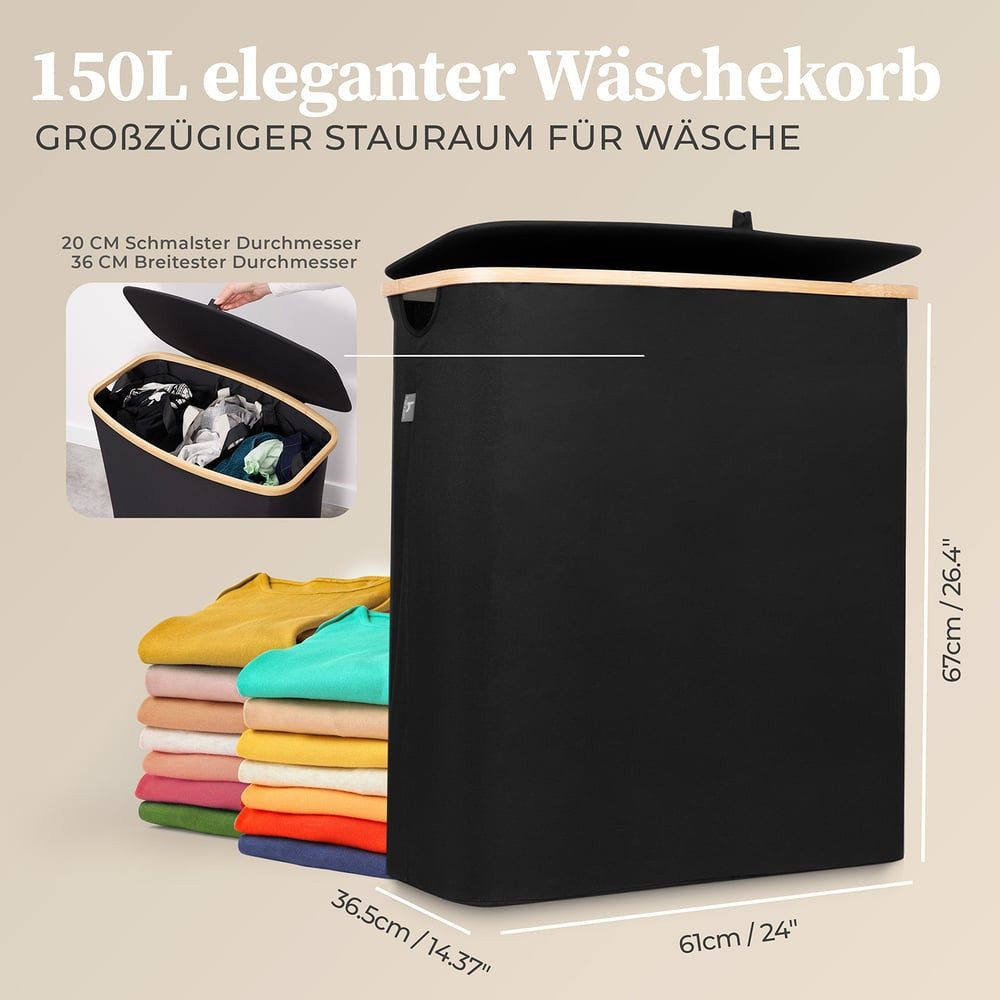 HENNEZ Wäschekorb Wäschebox 150L - Wäschekorb 3 Fächer mit Deckel, Wäschesortierer mit Wäschesack, schwarz Bambus – Bild 3 von 5