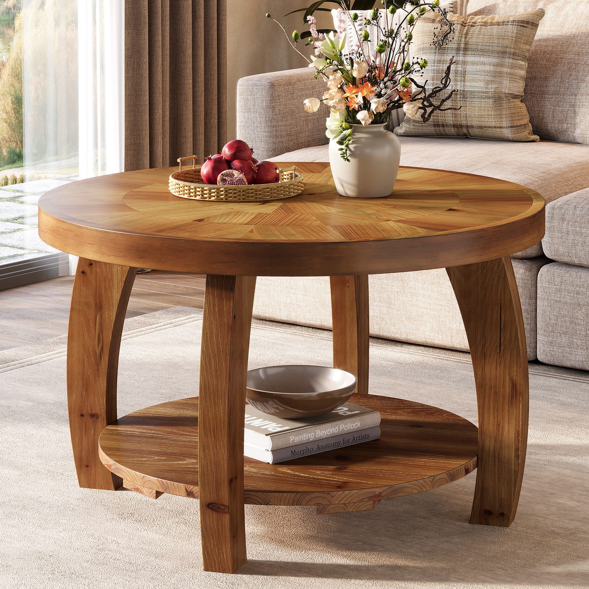Couchtisch Sofatisch mit 2 Ablagen, Beistelltisch aus Massivholz mit Mosaikmuster