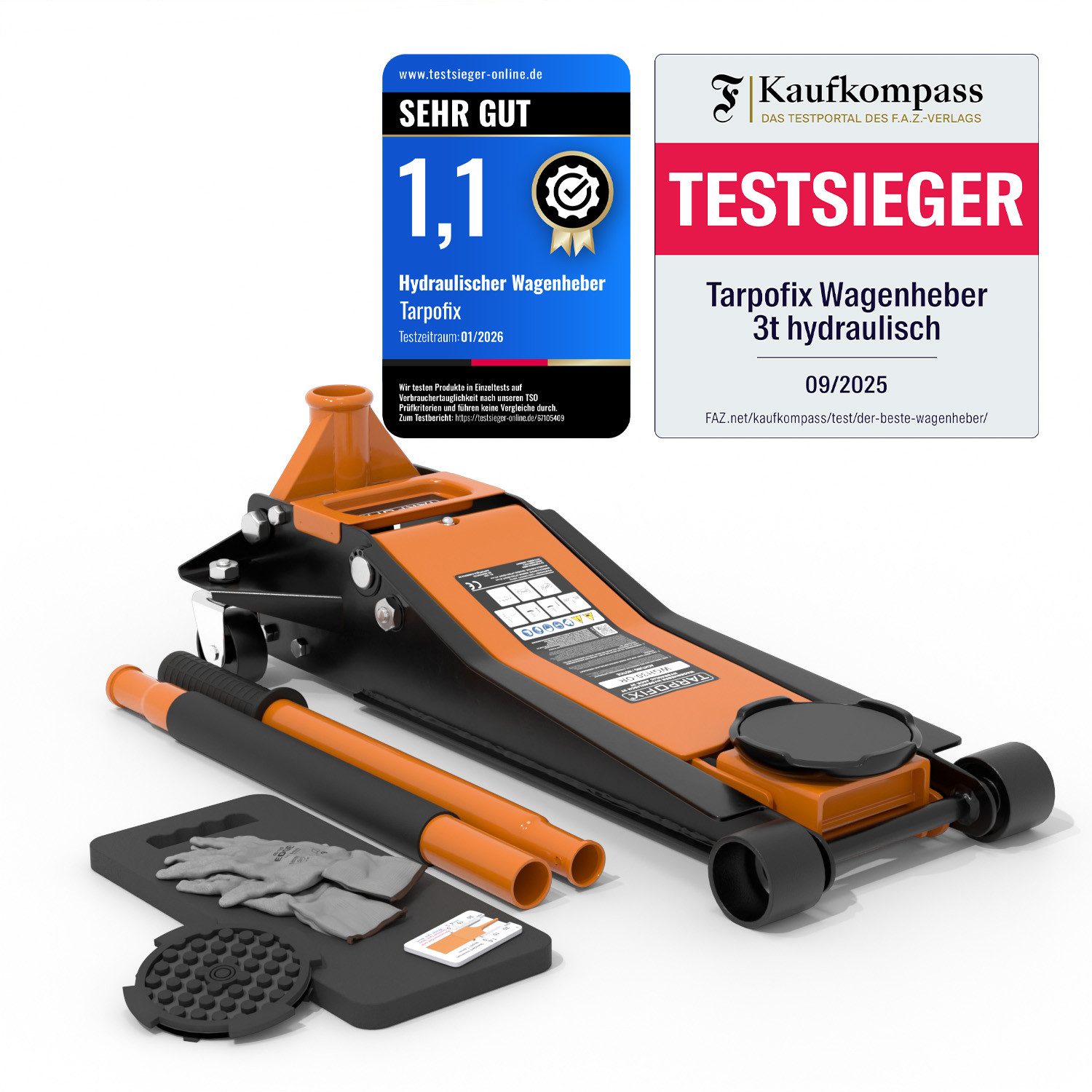 Tarpofix® Wagenheber 3t hydraulisch flach SUV tiefergelegt EN 1494, max. Hubhöhe: 47.5 cm, Rangierwagenheber Doppelzylinder, 5-tlg., inkl. Handschuhe & Kniematte, 3 t Hub 85-475 mm