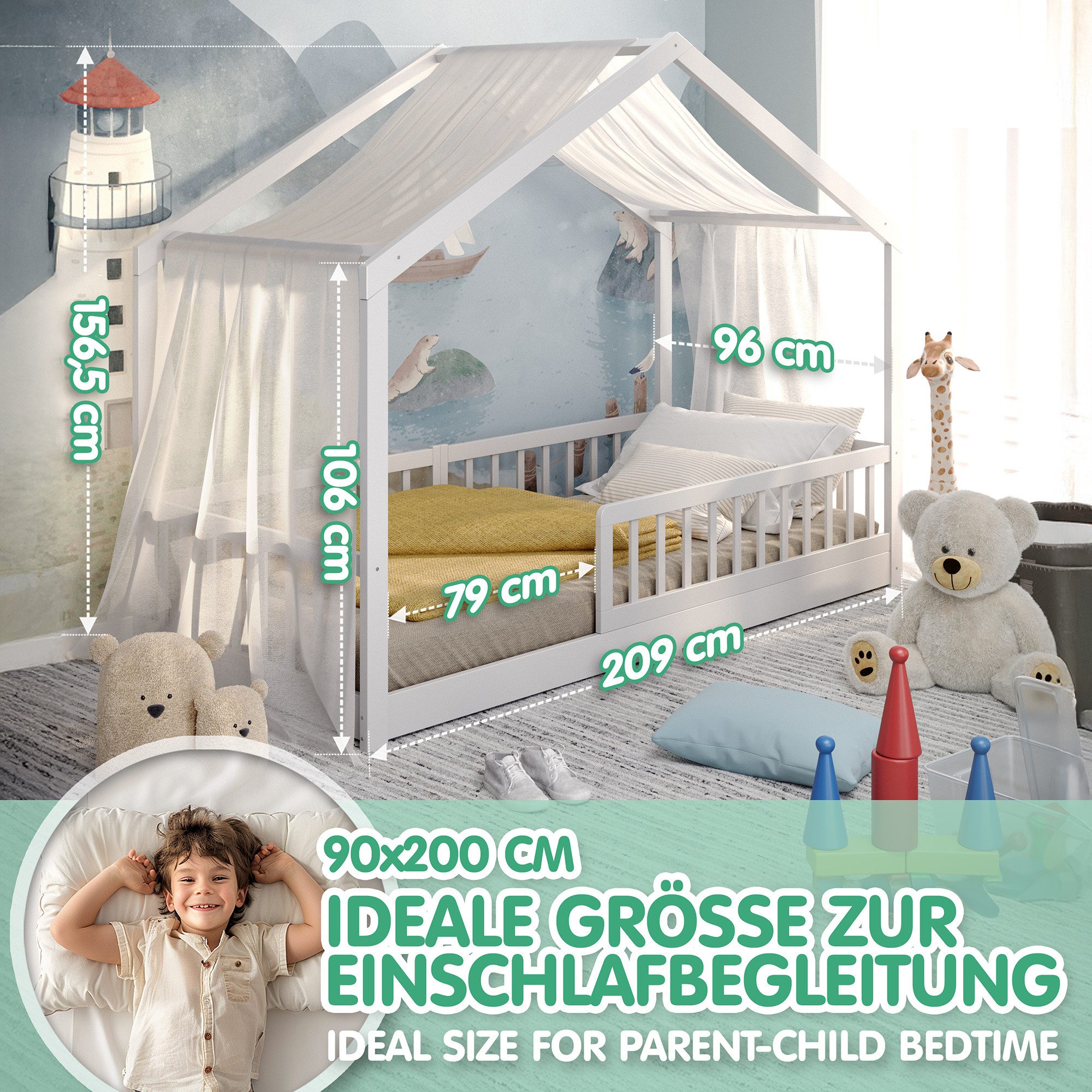 CADANI Kinderbett Malte Hausbett Bodenbett Rausfallschutz abnehmbar bis 200 kg belastbar (90x200 cm, Montessori Kinder- & Jugendbett aus Kiefer Massivholz), inkl. stabilem Roll-Lattenrost, langfristig nutzbar, Weiss