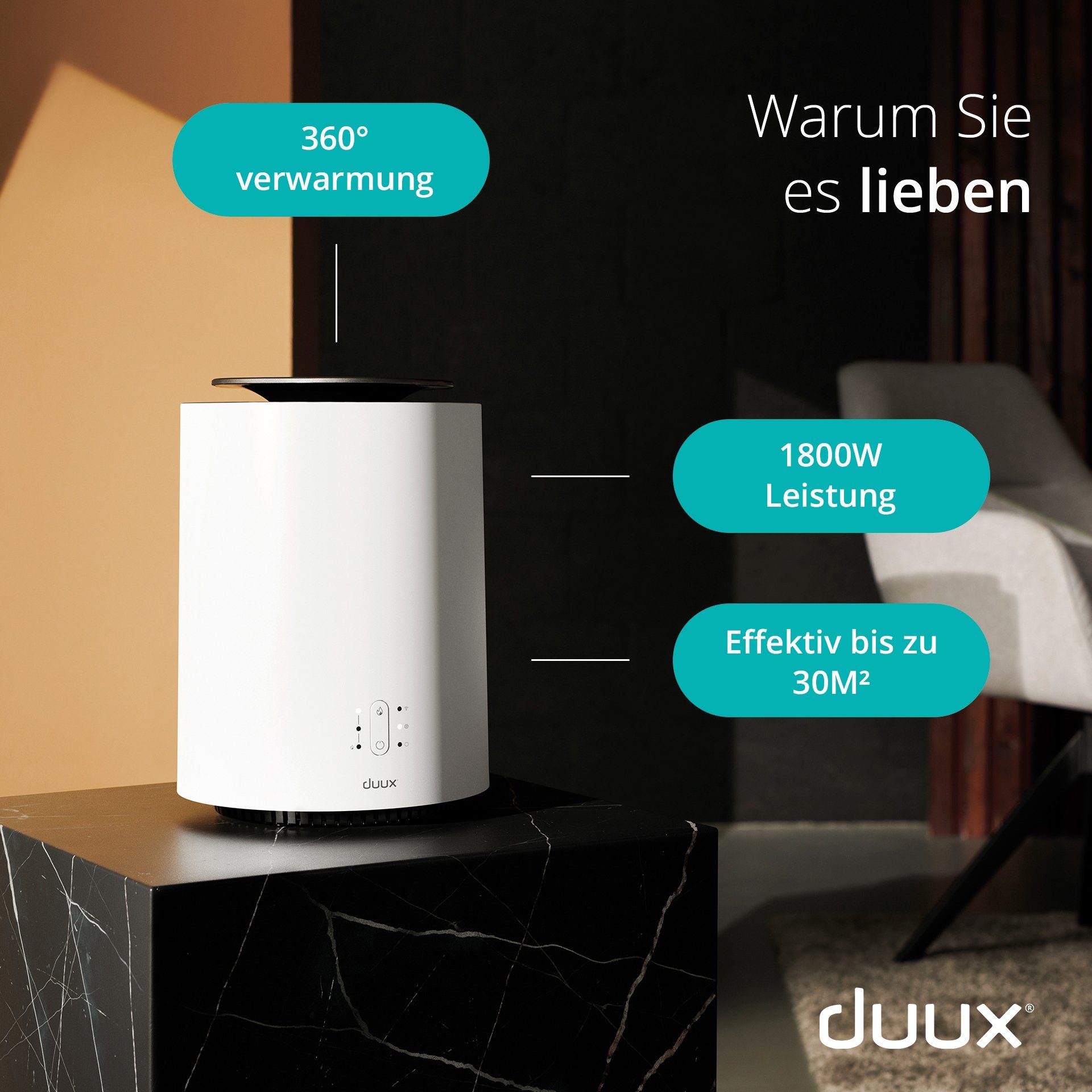 DUUX Keramikheizlüfter Threesixty 2, 1.800 Duux-App, Steuerbar 360 Grad mit W, Weiß Luftverteilung