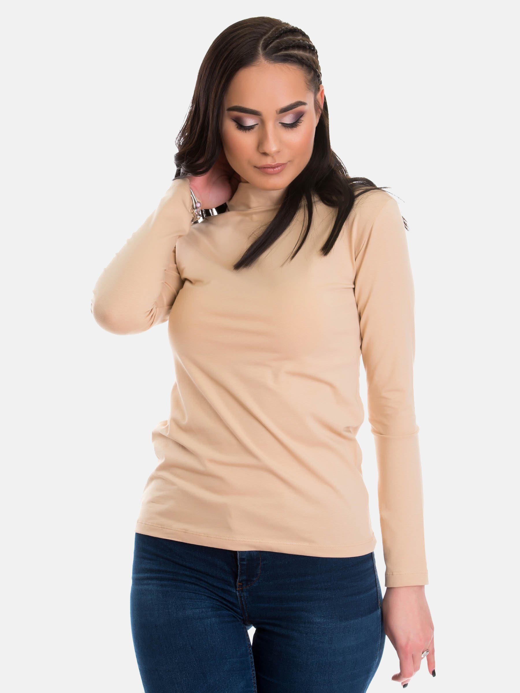 Evoni Langarmshirt Halbkragen Baumwolle Basic-Shirt günstig online kaufen