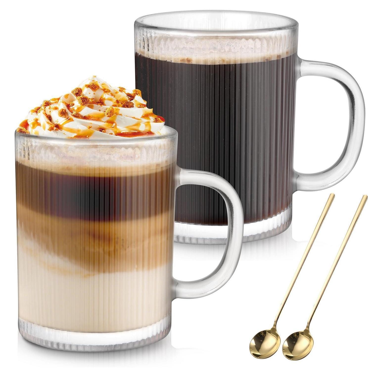 LuxusKollektion Latte-Macchiato-Glas 2er Cappuccino Gläser 350ml geriffelt mit Löffel, Glas