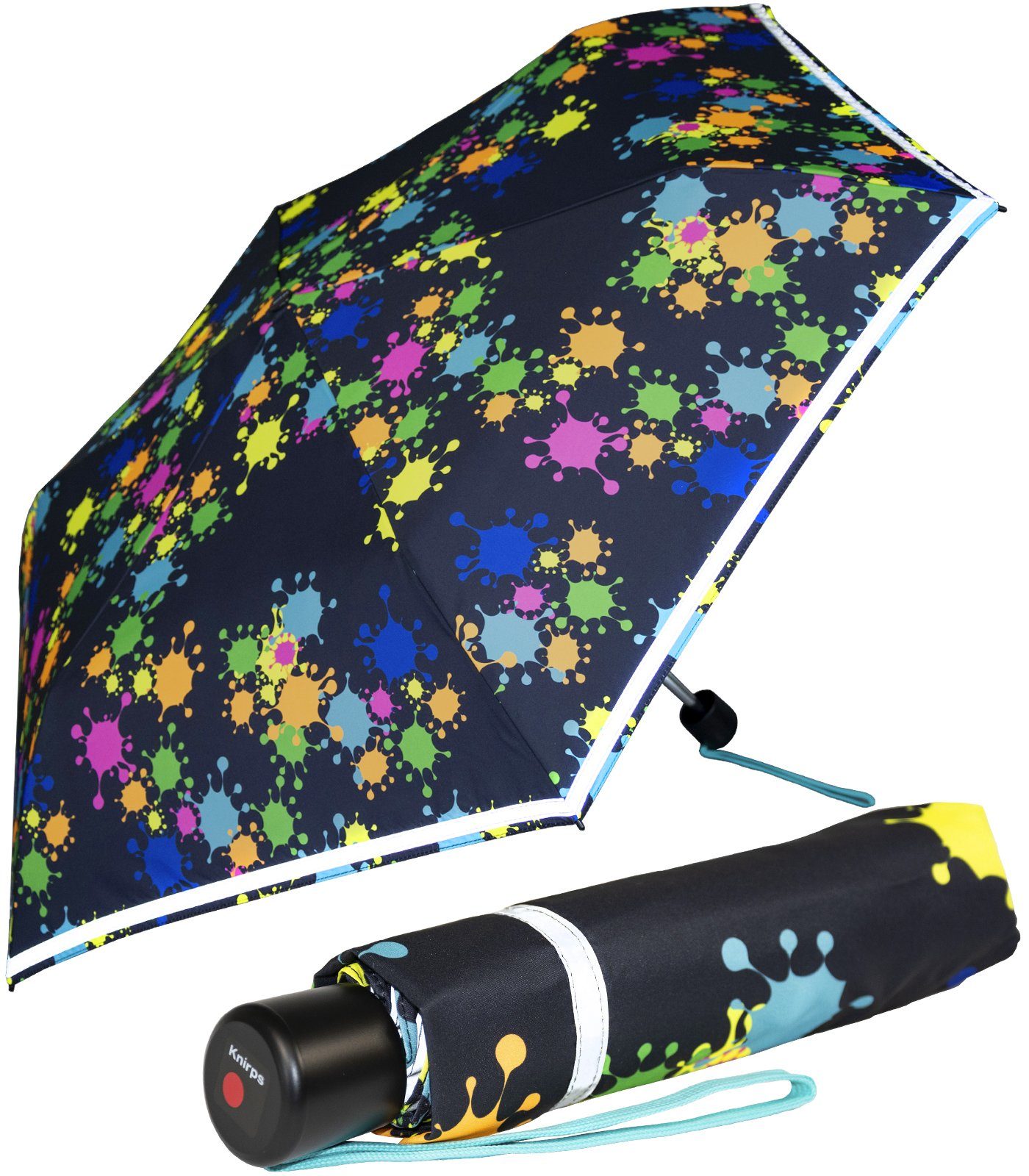 Knirps® Taschenregenschirm Kinderschirm 4Kids reflective mit Reflexborte, Sicherheit auf dem Schulweg, bunte Paintdrops