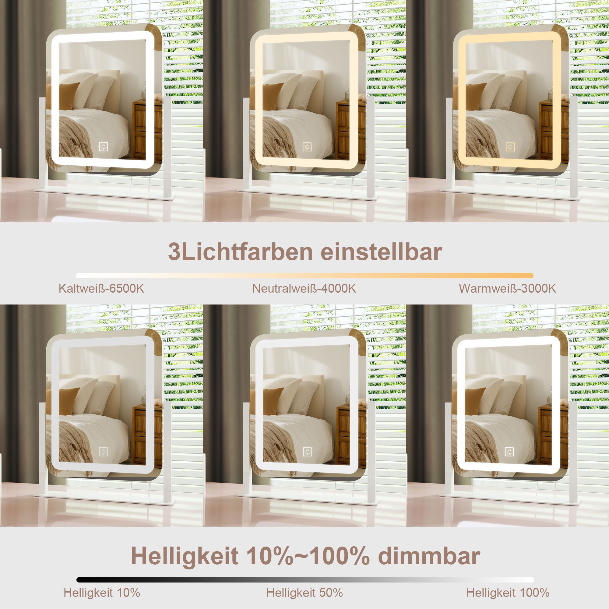 WDWRITTI Schminkspiegel mit Beleuchtung für tisch Kosmetikspiegel 3Lichtfarben Dimmbar Touch (Tischspiegel Rechteckig, mit LED, Touch), HD Kupfer- und bleifreier Spiegel, Stabile Standfuß