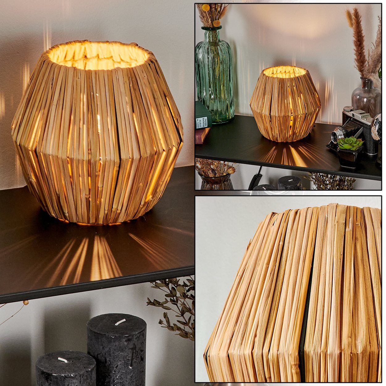 hofstein Tischleuchte moderne Boho Tischlampe aus Metall/Rattan in Schwarz/Natur, ohne Leuchtmittel, Nachttischlampe An-/Ausschalter, Lichteffekt, 1xE14, ohne Leuchtmittel