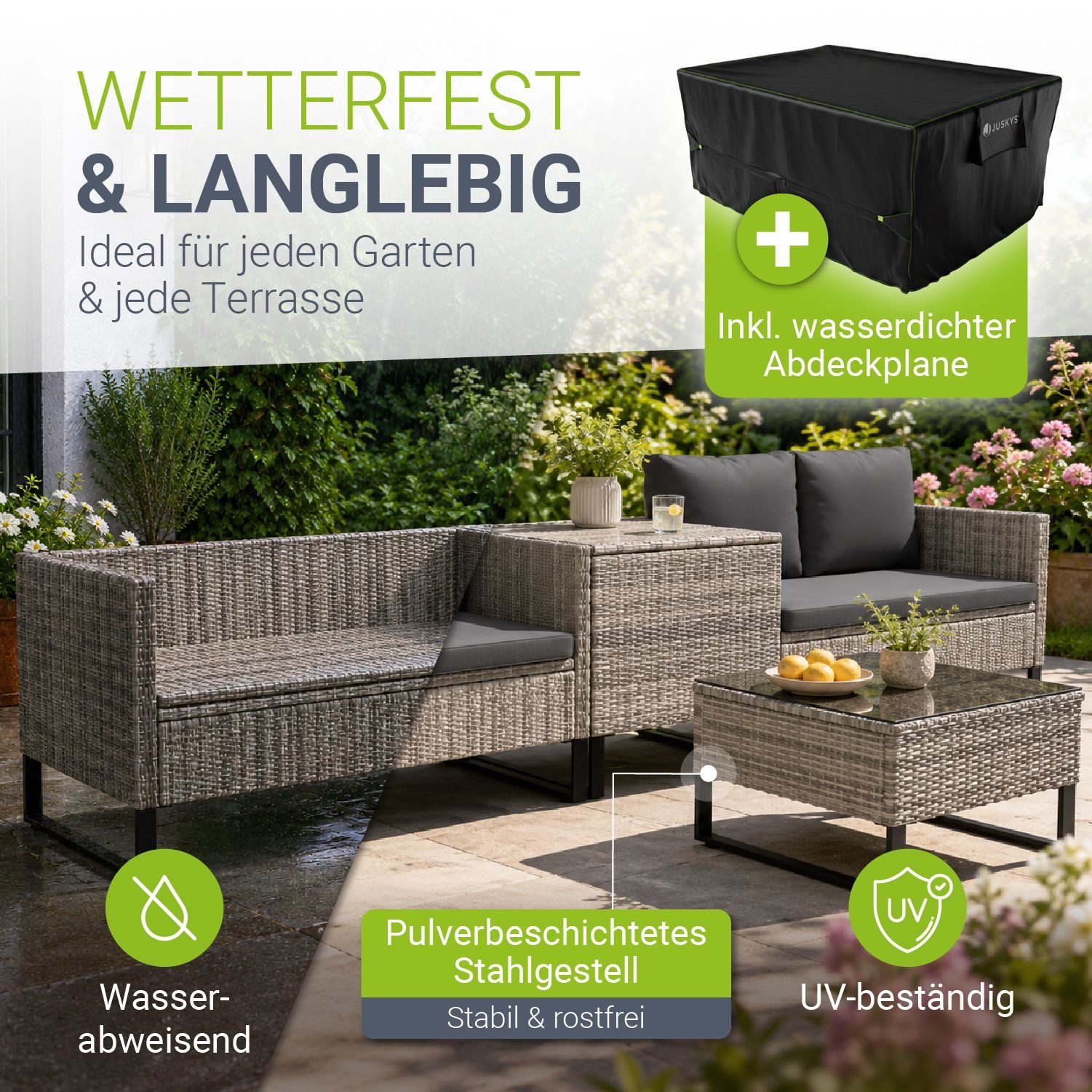 Juskys Gartenlounge-Set Santorini, (4-tlg), Polyrattan Sitzgruppe mit Beistelltisch & Auflagenbox, Abdeckung