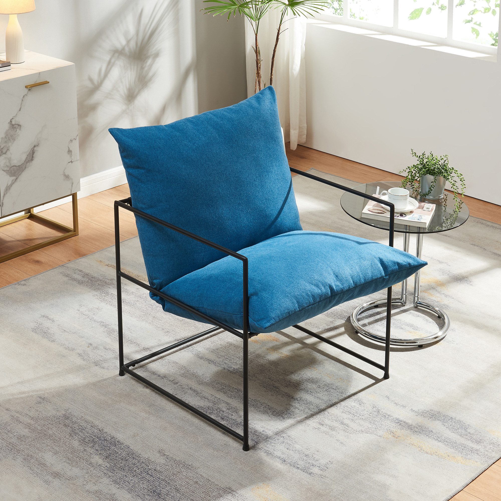 en.casa Loungesessel, »Utsjoki« 90x61x70 cm mit Polsterkissen Schwarz/Blau