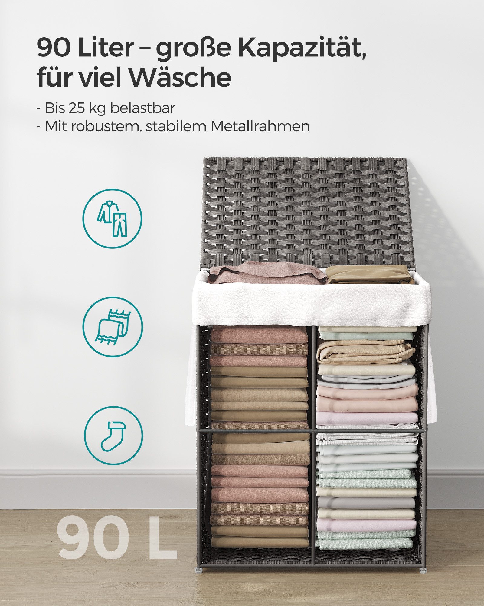 SONGMICS Wäschekorb Wäschebox aus synthetischem Rattan, herausnehmbarer Wäschesack, 90 Liter, handgeflochten, mit Deckel und Griffen, faltbar, 46x33x60 cm – Bild 5 von 5