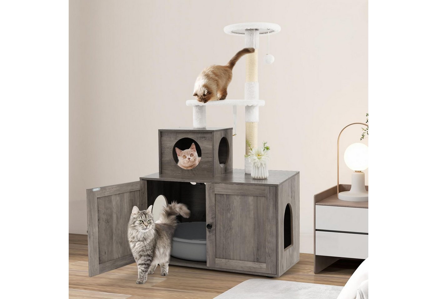 Thumbnail - COSTWAY Kratzbaum Katzenschrank, Katzenhaus mit Eingang, Höhle, 77,5 x 49 x 132 cm