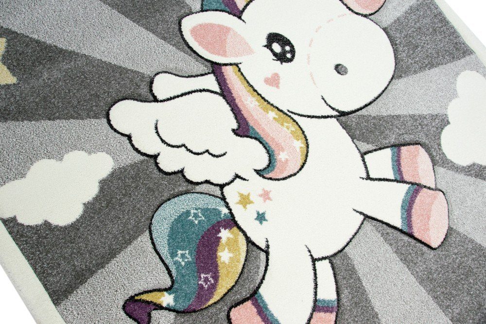 Carpetia Kinderteppich Kinderteppich Babyteppich Mädchen Einhorn Regenbogen rosa creme grau, rund, Höhe: 13 mm