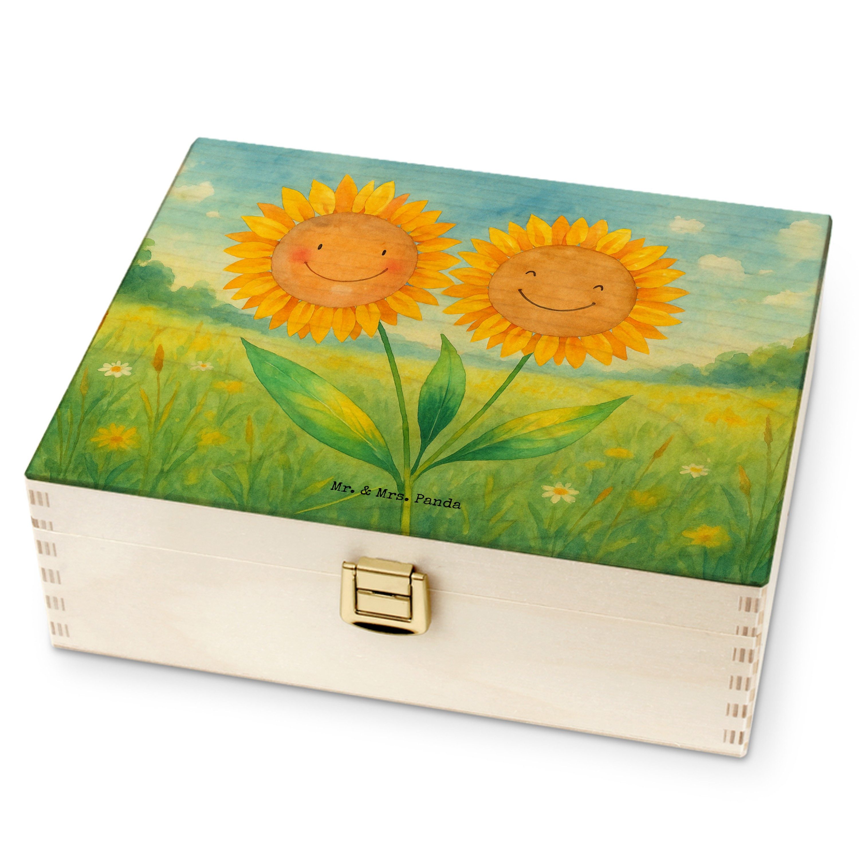 Mr. & Mrs. Panda Teebox Blume Sonnenblume Design, Teekiste, Weiß, Geschenk für Paare, Tee Org, Birkenholz, (Packung, 1-tlg)