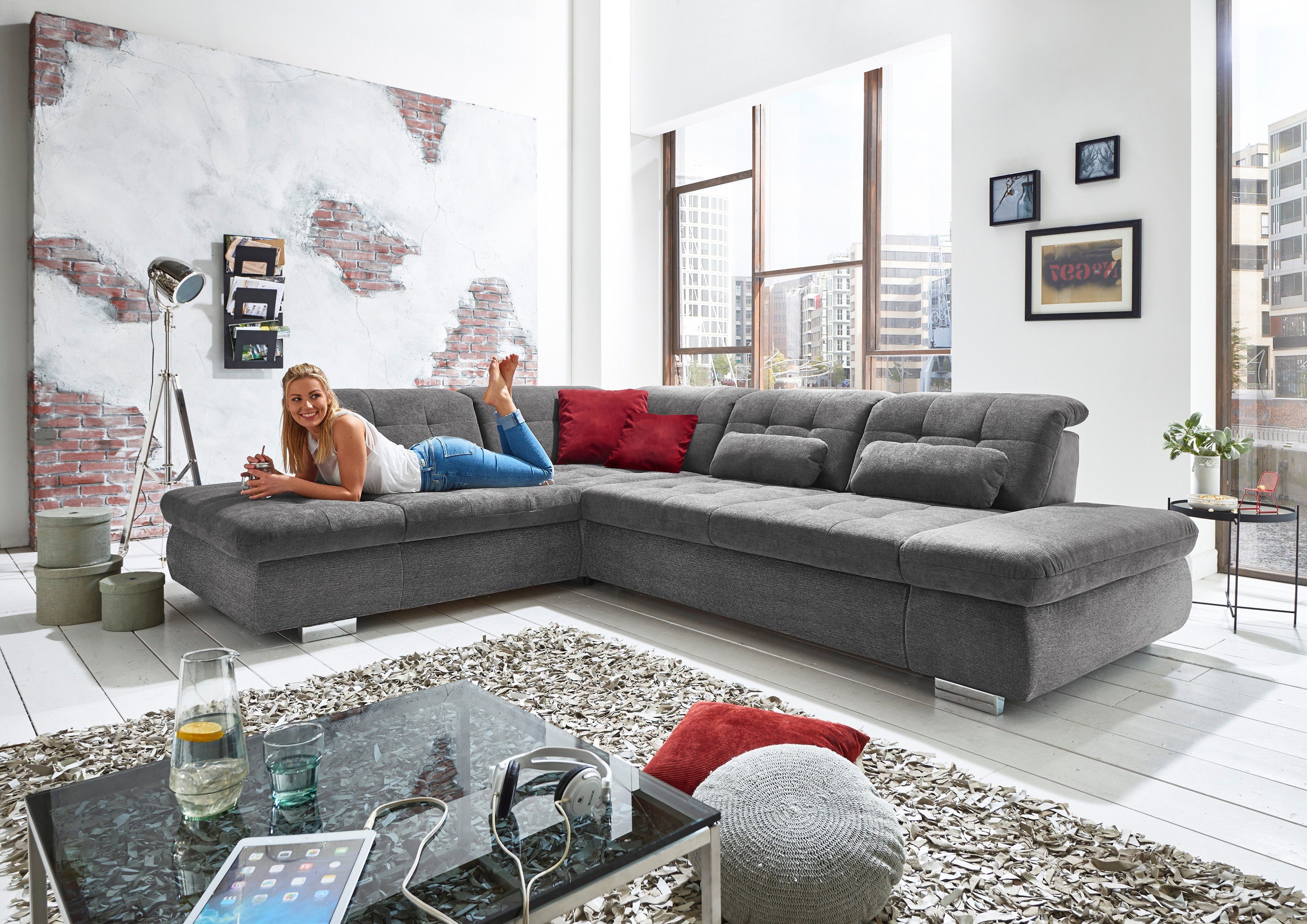 Die PlanBar Ecksofa "MP-IN17004 L-Form" wahlweise mit Bettfunktion, Sitztie günstig online kaufen