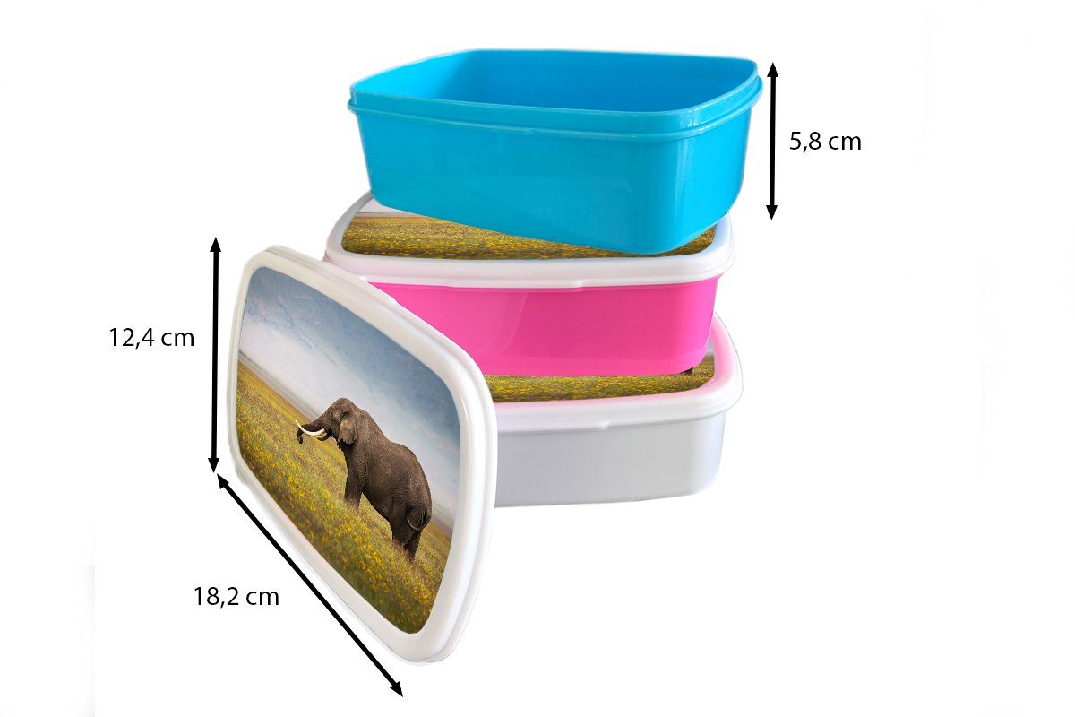 MuchoWow Lunchbox Elefant - - Erwachsene, Tiere - Kinder, Mädchen, Brotdose Natur, für - Snackbox, rosa Gras Kunststoff Blumen (2-tlg), Brotbox Kunststoff